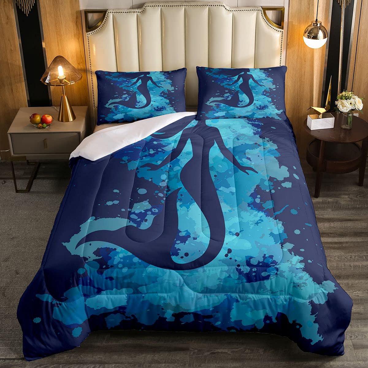 Loussiesd Mermaid Silhouettes Soft Duvet Kids Watercolor Ink Ocean Marine Bedding Set Sea Underwater World Room 3Pcs King Size