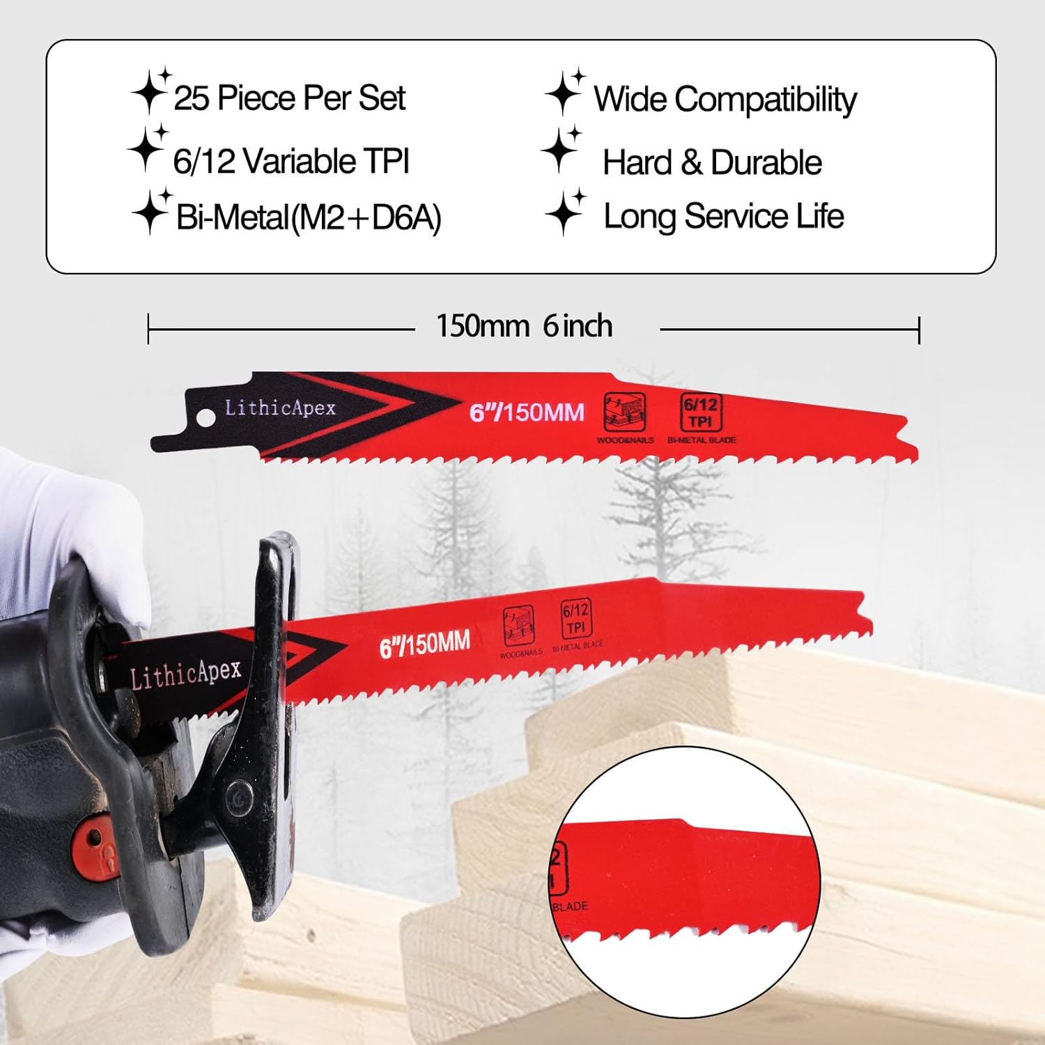 25 Pack 6 Inch 6/12 TPI Reciprocating Saw Blades, Stud & Nail Embedded Saw Blades, Bi-Metal Sawzall Blades for Cutting Wood, Nail-Embedded Wood, Metal, PVC and Pallets, with Organizer Case