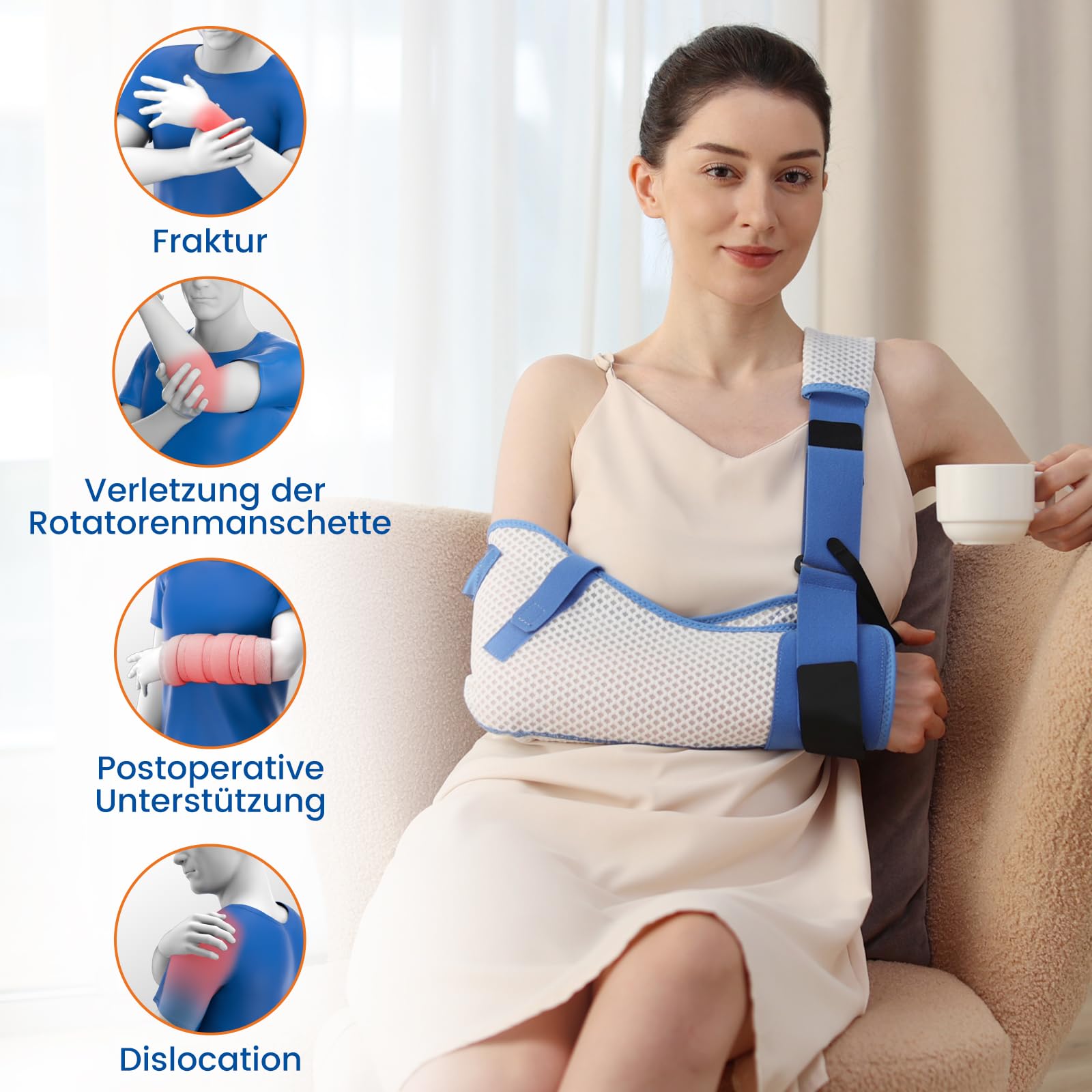 Armschlinge für Schulterverletzungen mit Taillengurt, Wegfahrsperre Klammer Unterstützung für Schlafen, Rotatorenmanschette Chirurgie (Atmungsaktive Version, Rechter Arm, S, 63-78CM)