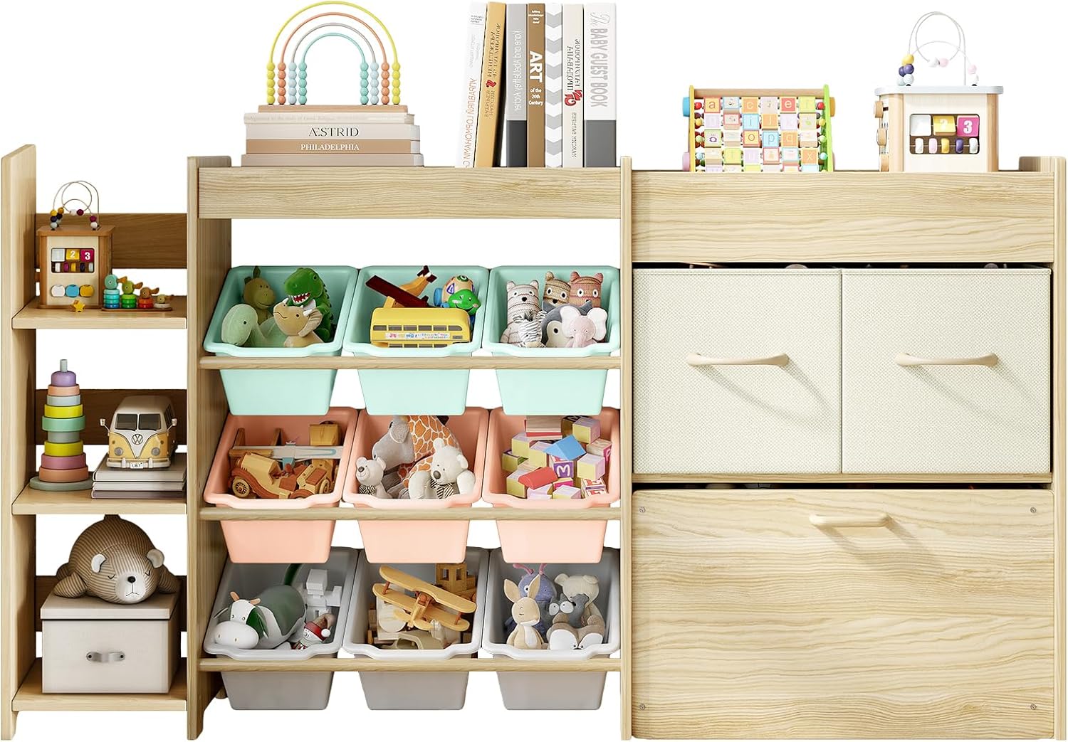 EXPERLAM Extra Large 5-in-1 Toy Storage Organizer with 3-Tier Bookshelf, 9 Storage Bins, 2 Drawers, Movable Toy Chest & Top Rack, Solid Wood Nursery, Bedroom, Playroom Storage Shelf (Multi-Color)
