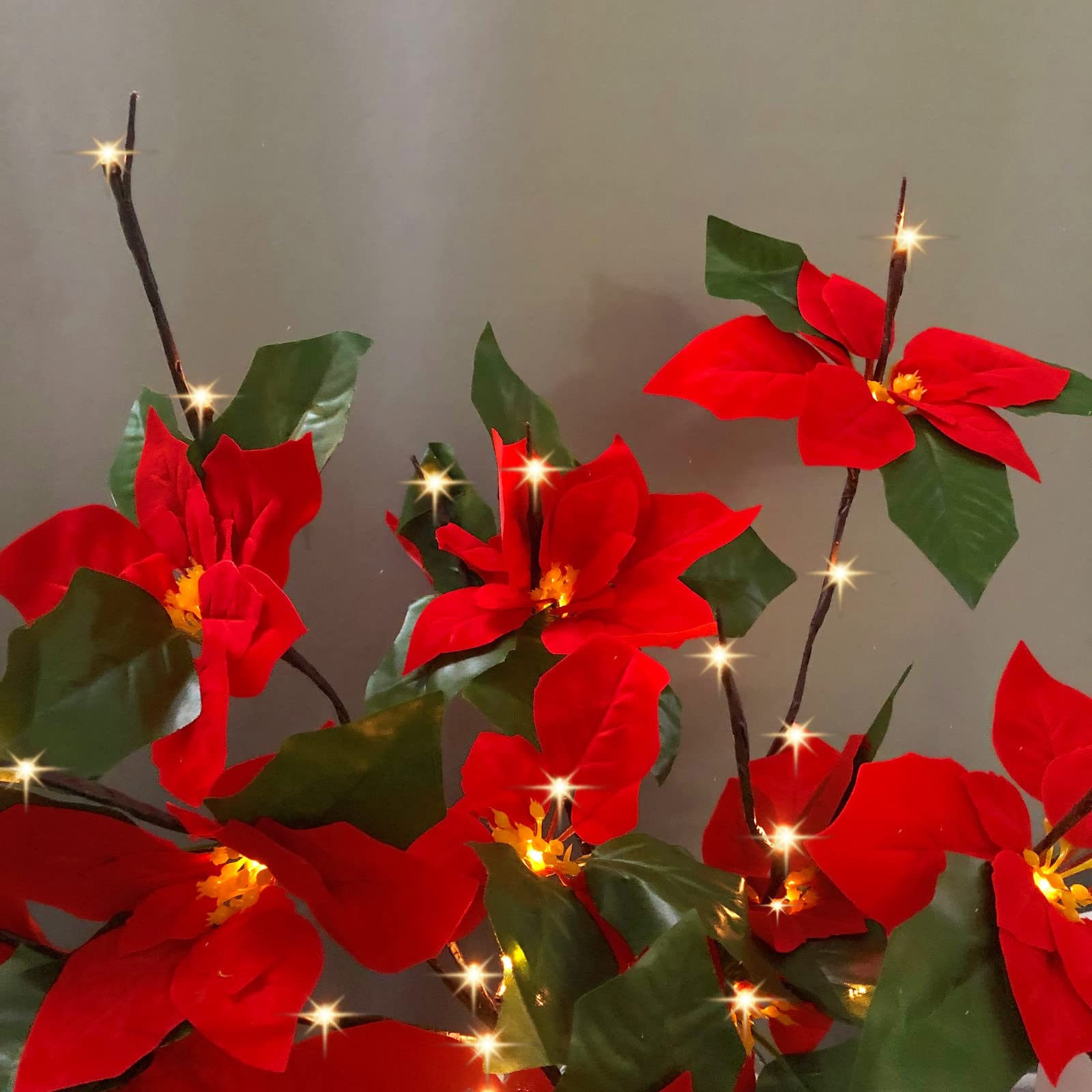 Lot de 2 branches de poinsettia à LED à piles - Branche florale artificielle - Petite brindille - Marron - 76,2 cm - 20 LED pour décoration romantique de la maison (Poinsettia rouge)