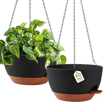 GARDIFE Hanging Planters, Self Watering, Black 10 Inch 2 Pack with Drainage