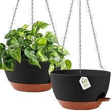GARDIFE Hanging Planters for Indoor Outdoor Plants, 2 Pack Self Watering Hanging Pot with Drainage Holes & Removable Tray Black