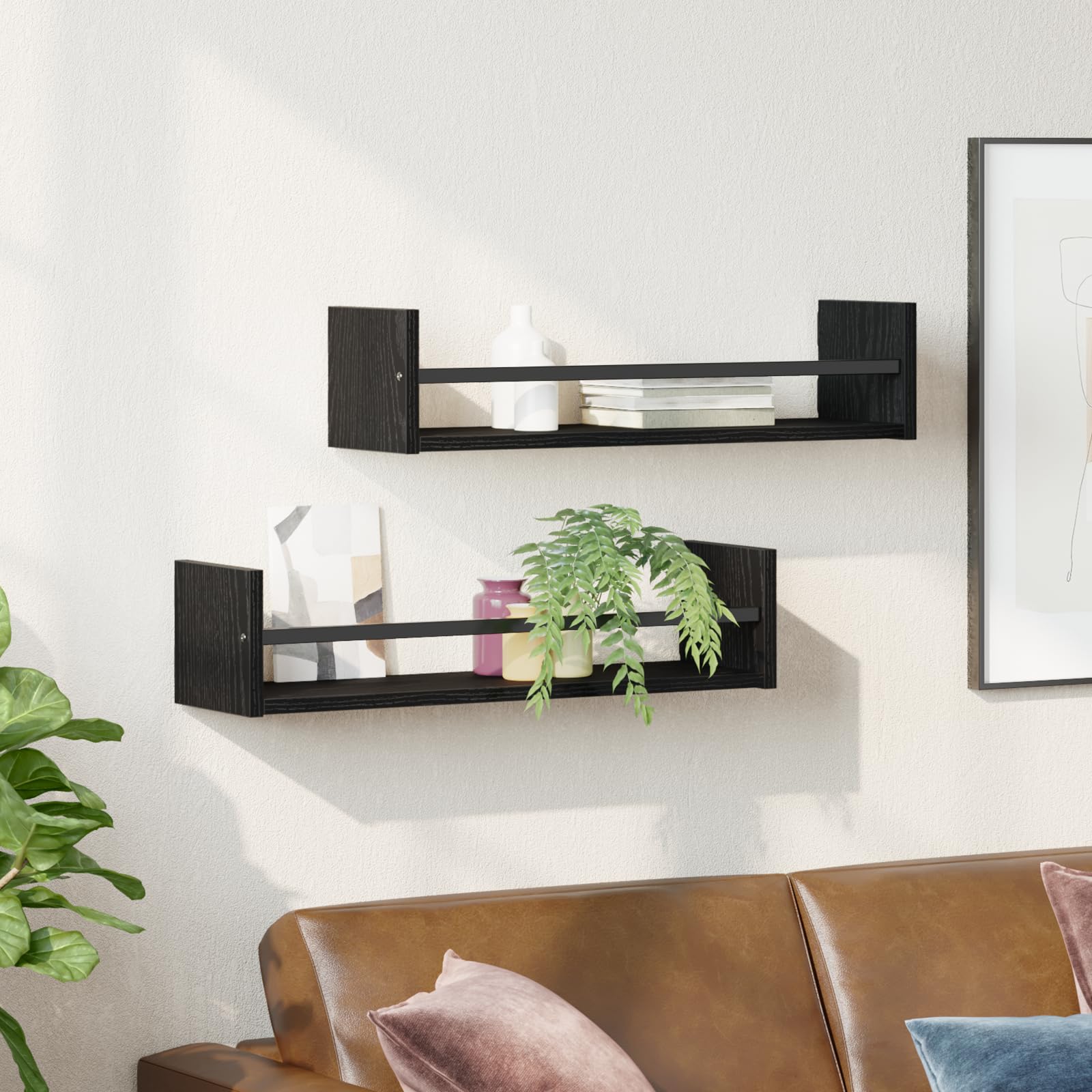 Set di 2 Mensole a Parete Quercia Nera 60x16x14 cm Legno Ingegnerizzato, Mensole da Muro Salvaspazio per Soggiorno Cucina Bagno Design Moderno