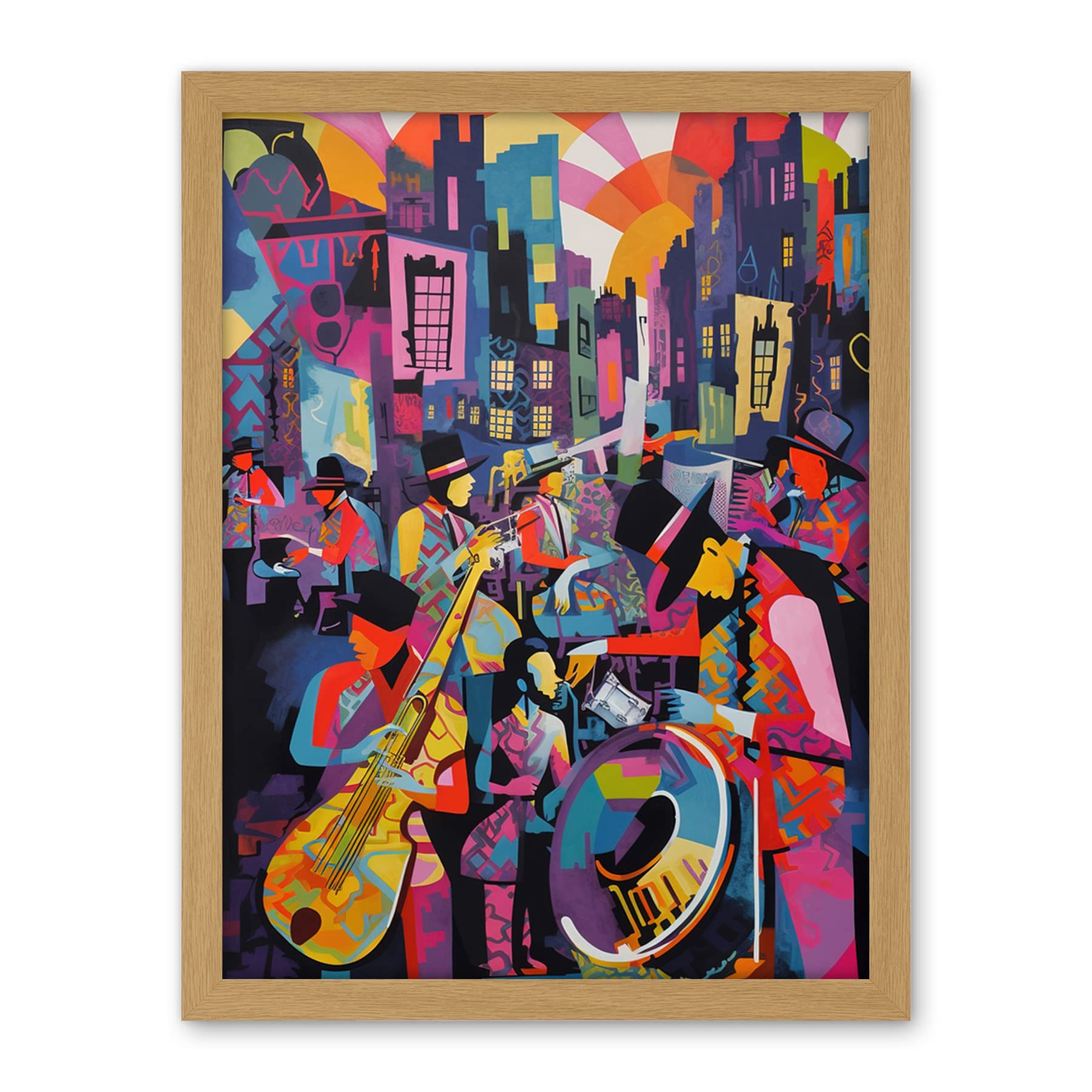 Artery8 New Orleans Jazz Festival Street Musicians Playing Music City at Sunset Abstract Modern Painting Artwork Framed Wall Art Print 18X24 Inch