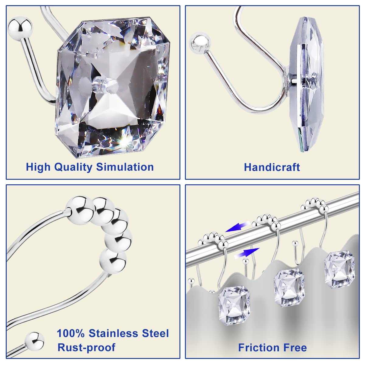 Yapicoco Shower Curtain Hooks Rings for Bathroom, 12PCS Double Hooks Glide Anti Rust Crystal Rhinestones Shower Curtain Rings Hangers for Shower Curtains, Clothing, Towels, etc. (Clear) (Clear)