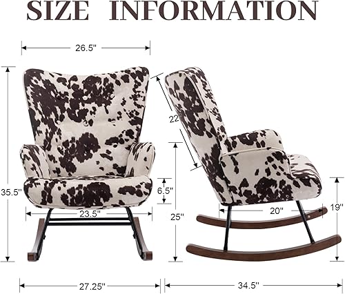 Miniatura 5 de Mecedora de terciopelo para habitación del bebé, silla mecedora para interiores con respaldo de ala, con base de madera maciza, cómoda silla