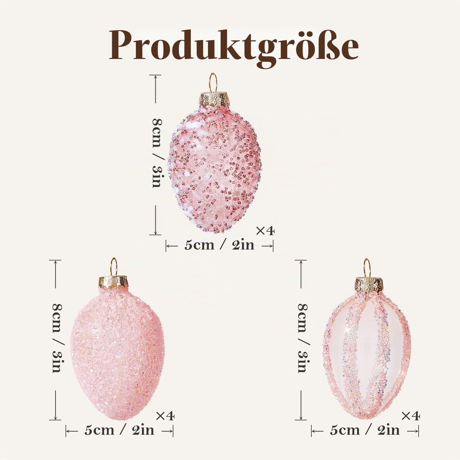 DN DECONATION 12-teiliges Set Geblasene Gläserne Ostereier, Luxus Osterdeko mit Glitzer & Pailletten in Rosa/Gold, Elegante Osteranhänger für Baum, Wand & Tisch, Hochzeitsdekoration Geschenk