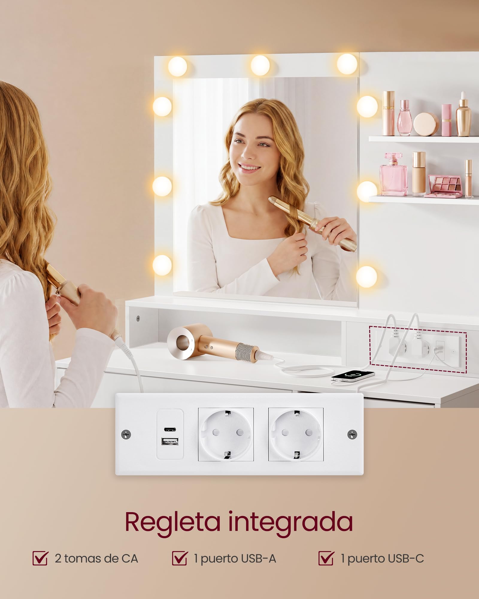 VASAGLE Tocador de Maquillaje con Luz, Mesa de Maquillaje con Espejo y Cajones, Escritorio con Enchufe y Puertos USB, 80 x 40 x 144,3 cm, Blanco Nube, Colección Kailyn RDT241WB01