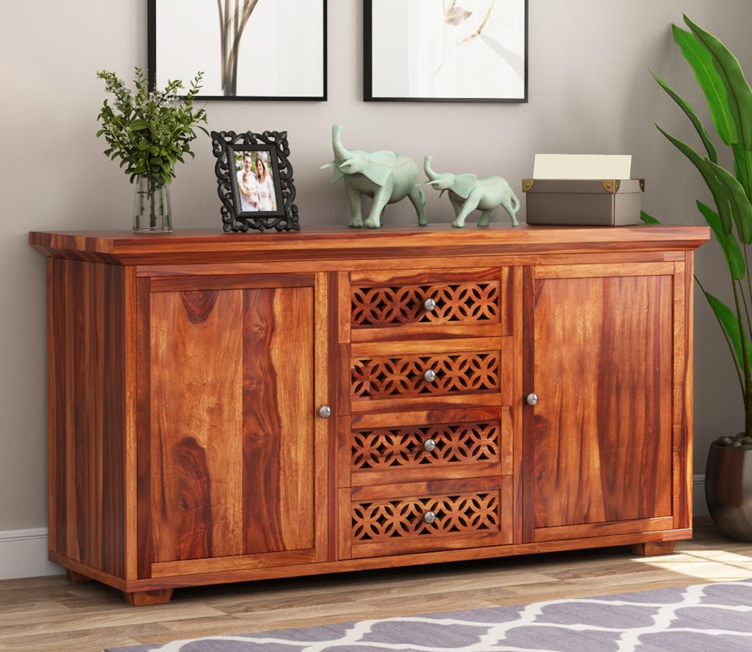 Sheesham Wood Sideboard Cabinet for Living Room - Solid Wooden Storage Cabinet with 4 Drawers & 2 Door - Multipurpose Sideboard for Bedroom Dining & Home Furniture (Declan)-image-36