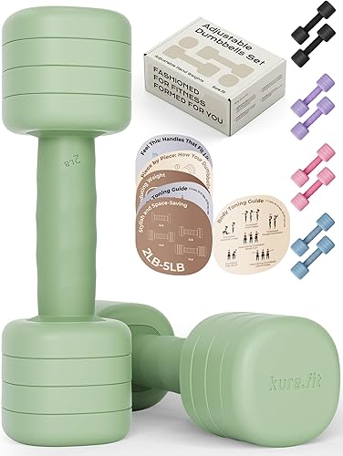 Miniatura 11 de Juego de mancuernas ajustables Pesas ligeras de mano de 2, 3, 4 y 5 libras para mujeres, ajuste de peso de un solo giro, mango de agarre curvado