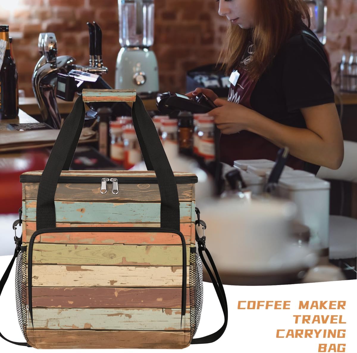 Painted Wood Portable Coffee Maker Carrying Bag Compatible with Keurig K-Mini or K-Mini Plus - Travel Storage Tote with K-Cup Pod Pockets for Single Serve Coffee Brewer