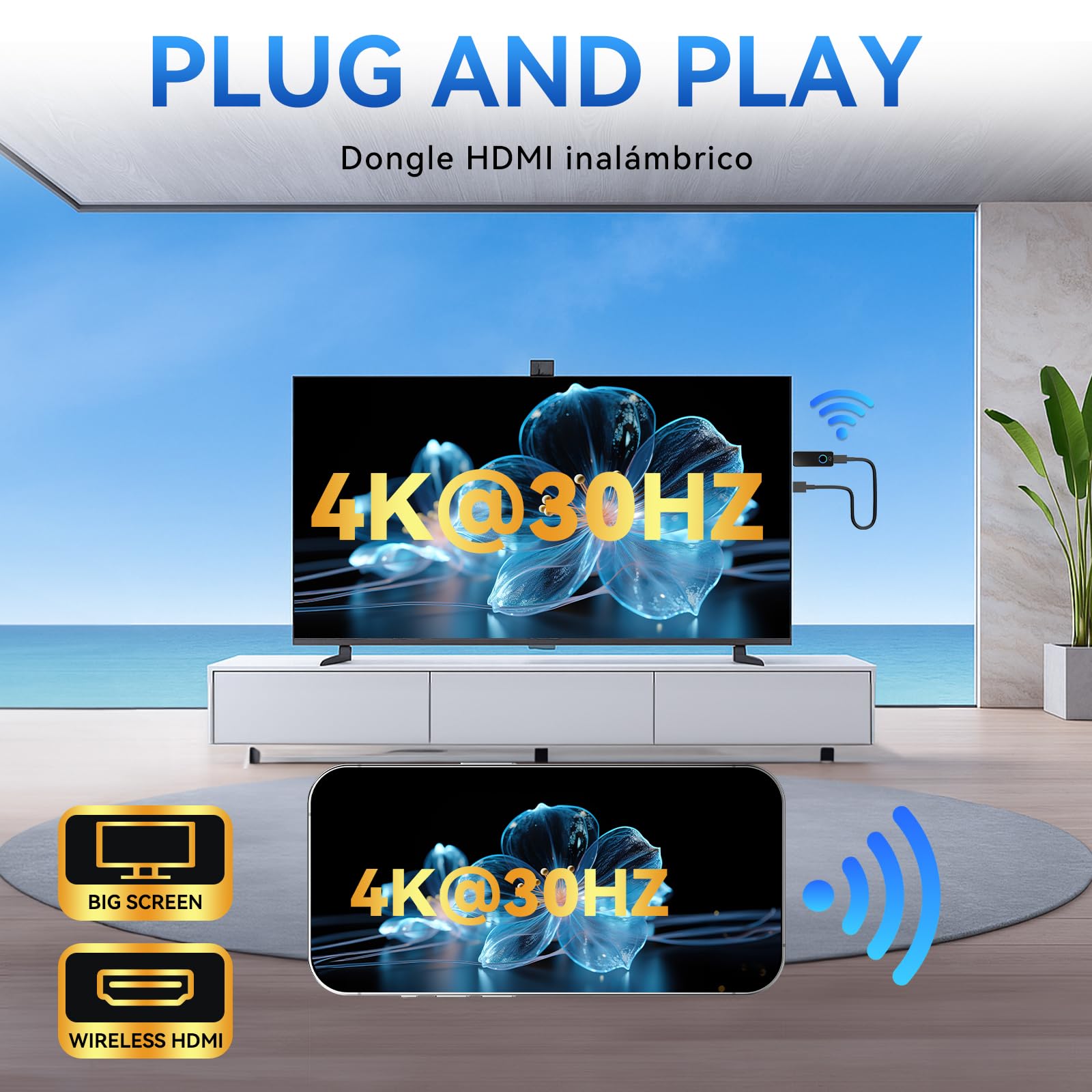 Adaptador HDMI Inalámbrico Tongtion 4K Ultra HD a 30Hz - Miracast, AirPlay, DLNA,Googel Cast- WiFi 5 GHz - Plug and Play para Smart TV, Proyector, PC, iPhone y Android