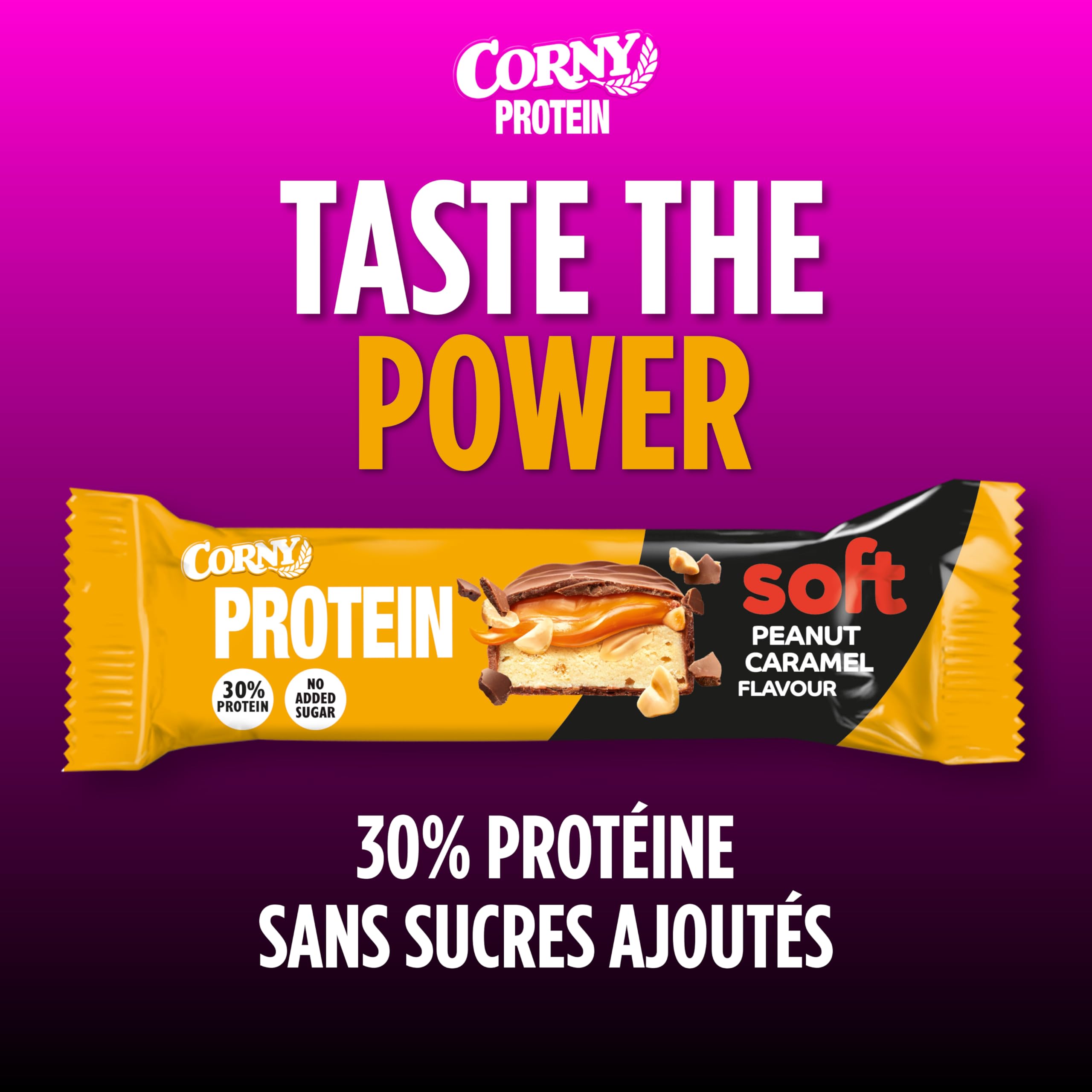 Barres protéinées, Corny Protein,Chocolat au Lait, Caramel et Cacahuètes,13,5 gr de protéines, 0% de sucres ajoutés, Pack de 12x45g, Taste the Power