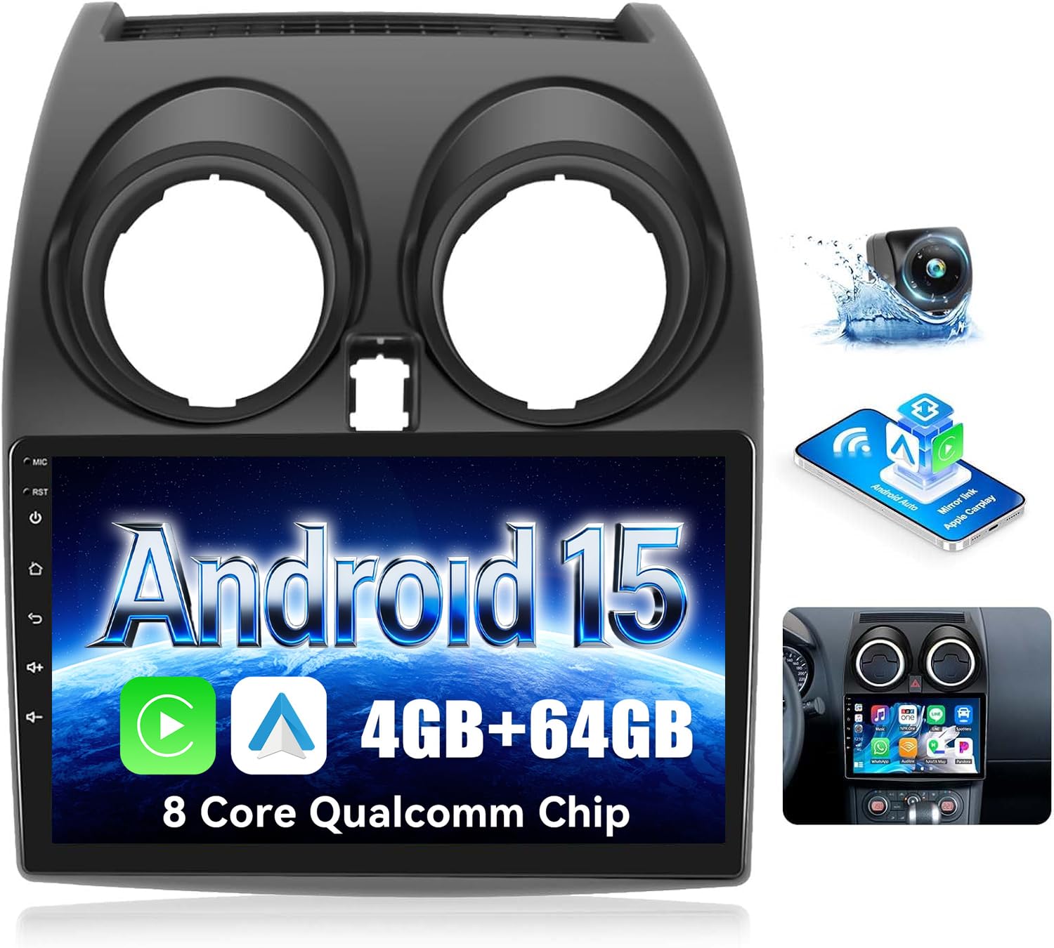 Qualcomm 8 core 4+64G Android 15 Autoradio per Nissan Qashqai J10 2006-2016 Wireless CarPlay & Android Auto 9 Pollici IPS Touch Screen GPS Bluetooth 5.1 DSP WiFi retrocamera AHD SWC