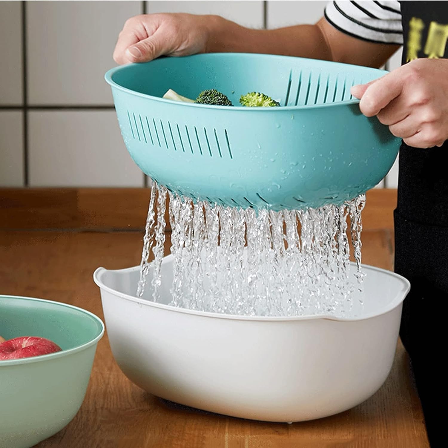 Pasta Strainer Basket Fruit Drainer Household Vegetable Washing Basket Colander Set Fruit Strainer Strainer Bowl Kitchen Plastic Strainer (Two-piece Suit) Rice Washing Bowl Vegetable Washing Basket (A