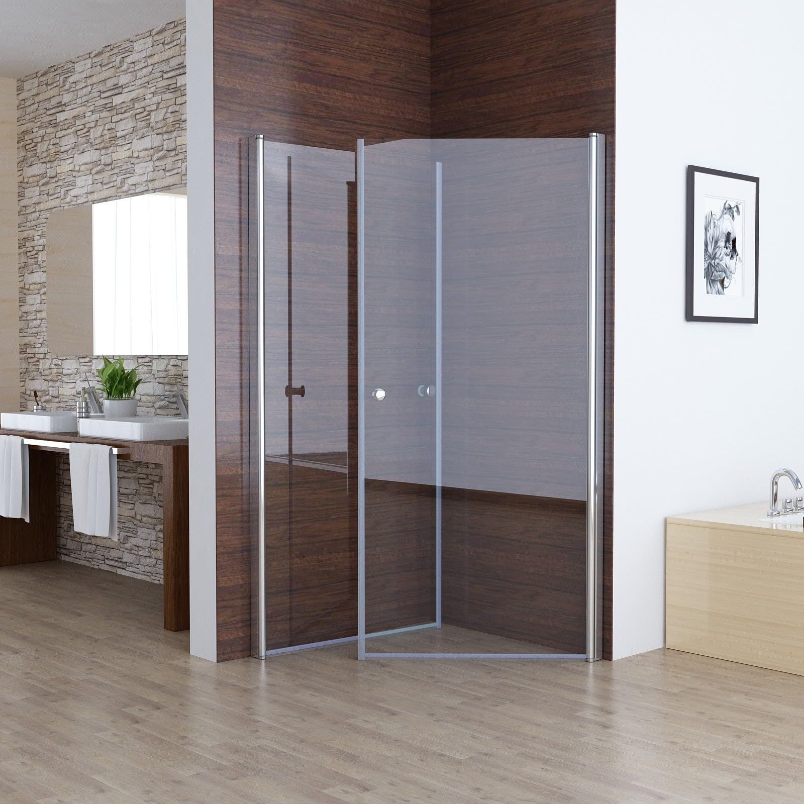 MIQU 90x75 x185cm Eckeinstieg Duschkabine mit 180° Schwenkbare Doppel Schwingtür, Pendeltür Duschwand ESG Glas Rahmenlos Duschabtrennung, Komplett Dusche ohne Duschwanne