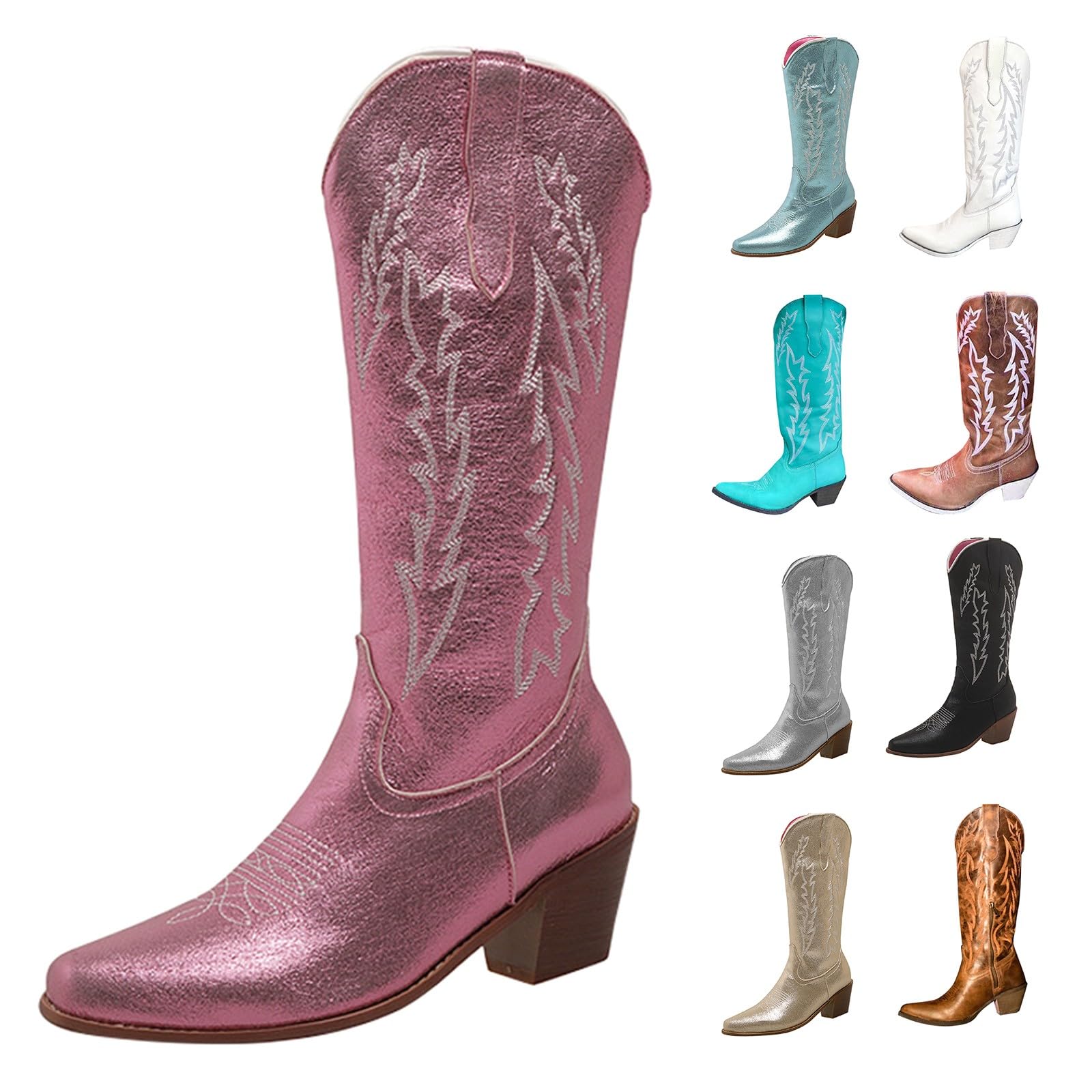 Stivali da cowboy da donna, vestibilità larga, tacco medio, retrò, a punta, stile country, stile casual, ricamati in stile country, stivali classici da donna, in pelle, per feste e balli