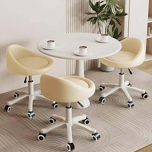 Miniatura 21 de Taburete con ruedas – Asiento giratorio ergonómico, altura ajustable, ruedas ultra silenciosas, cojín acolchado de piel sintética, para salón, Negro