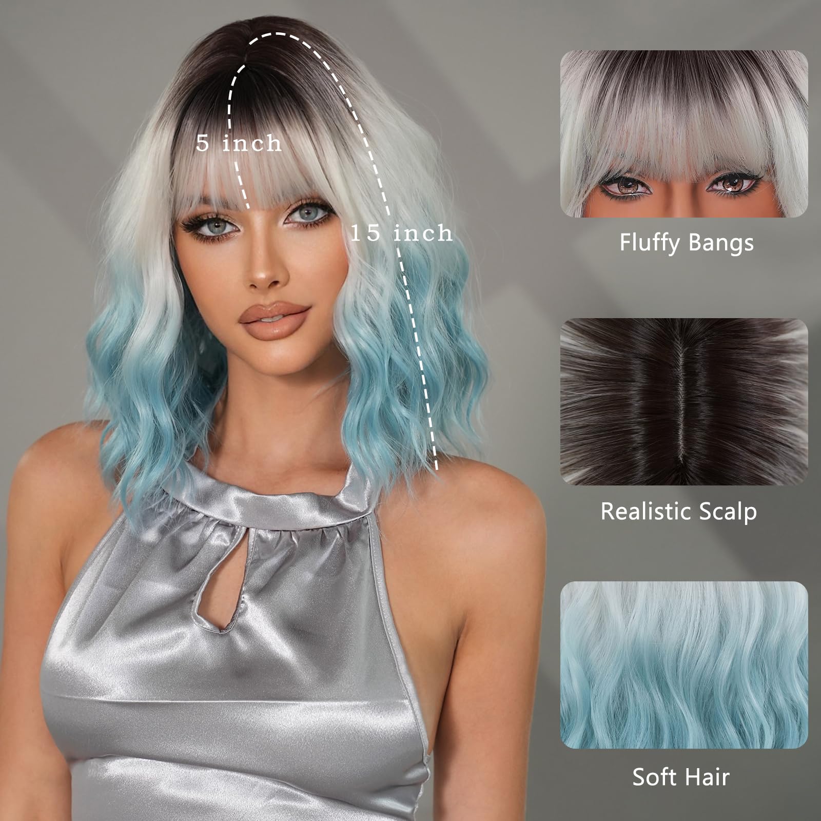 TRUMOST 15 Inch Short Wavy Silver Blue Ombre Wig with Bang Synthetic Heat Resistant Silver White Ombre Wigs for Women Halloween and Daily Party Used.