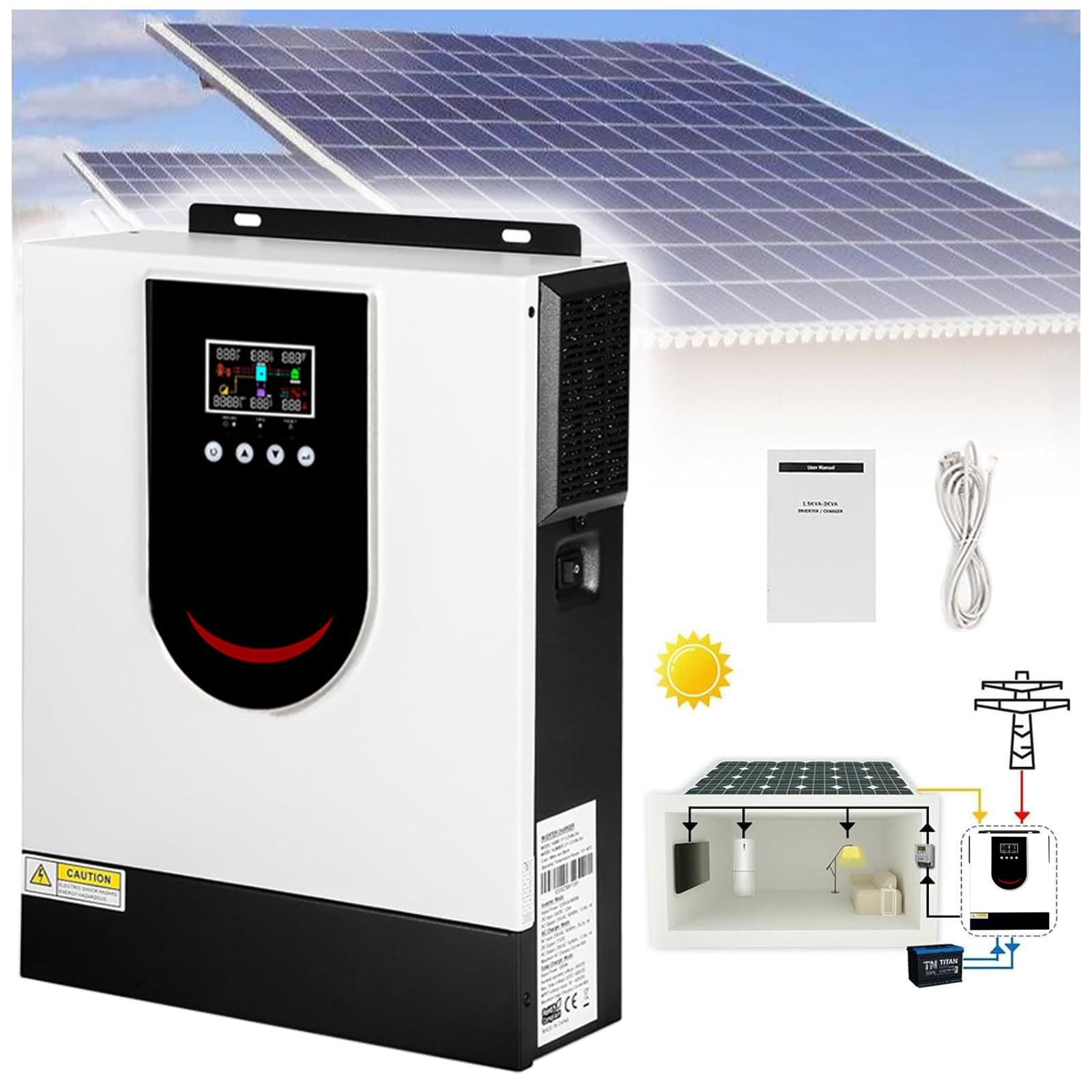 Onduleur Solaire Hybride 2000W 3000W, onduleur à Onde sinusoïdale Pure Domestique, convertisseur de Puissance Hybride Solaire, Chargeur d'onduleur Hybride Hors réseau,12V-2000W