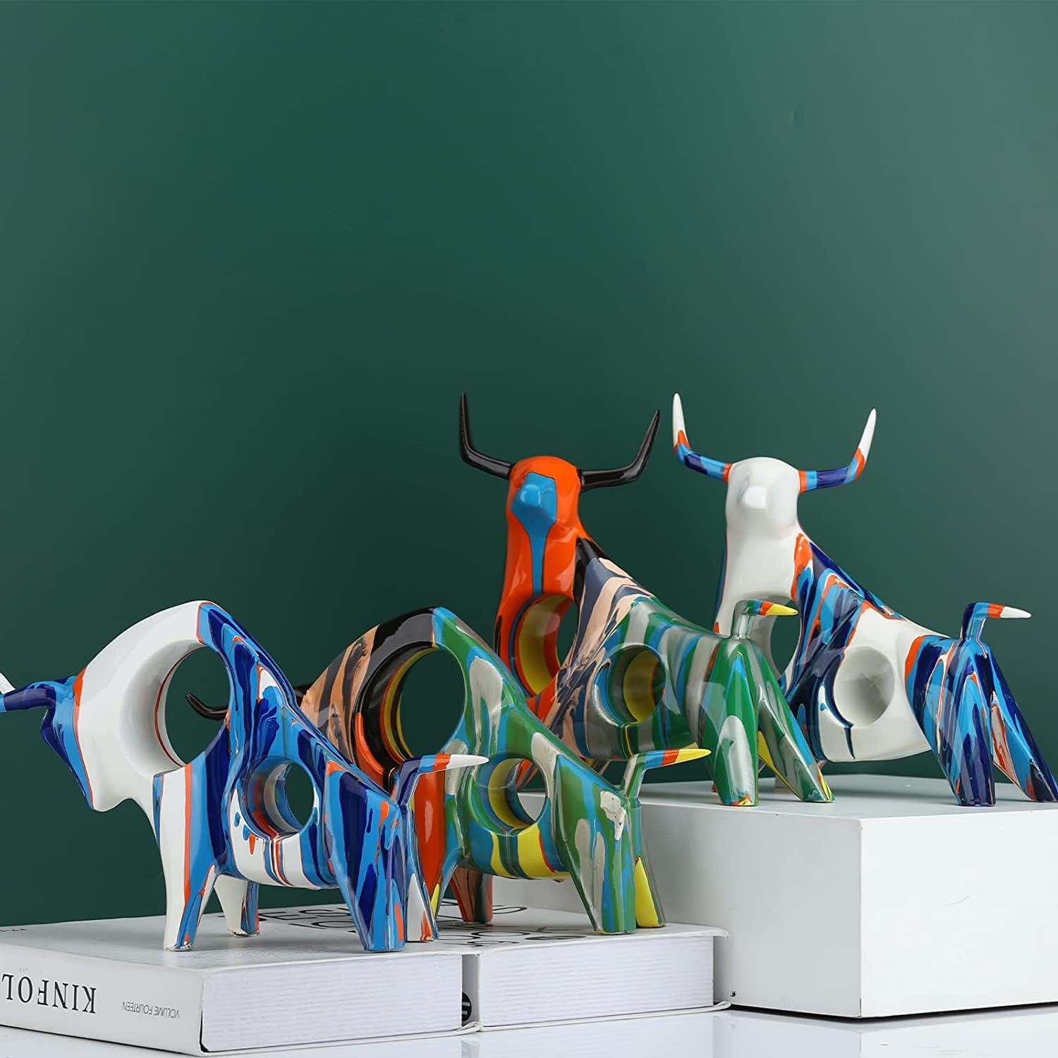 Resin Painted Bull Statue, Abstract Household Animal Decoration, Bull Sculpture Color Hollow Ornaments (Blue A) - Image 7