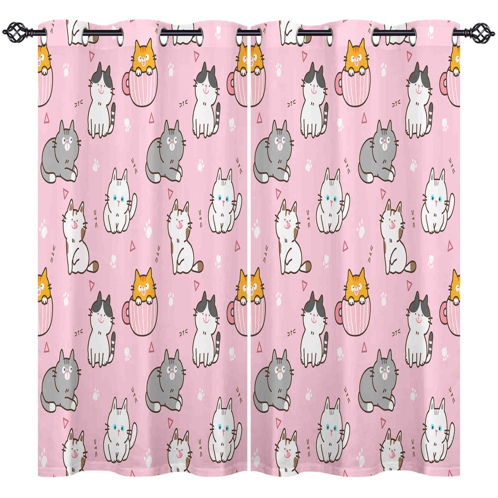 ANHOPE Cat Curtains Eyelet 80% Blackout Room Darkening Curtains Cute Cartoon Animal Cat Print Pattern Thermal Light Blocking Window Drapes for Kids Bedroom Living Room 55 x 69 Inch Drop 2 Panels — image 1