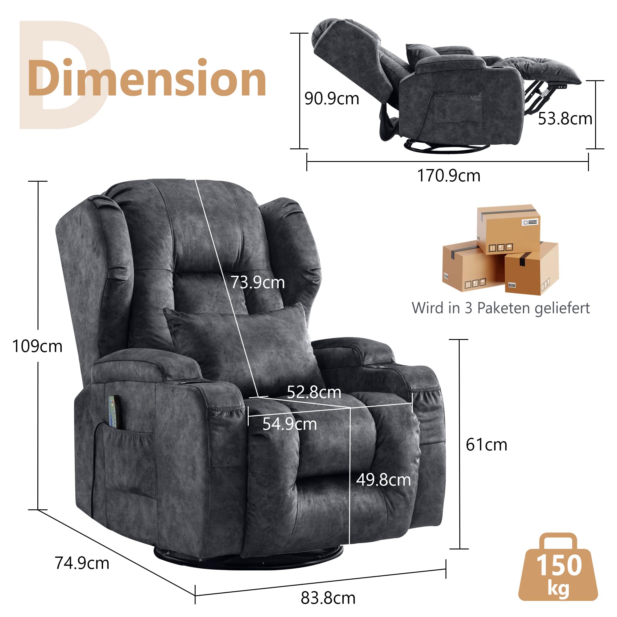 2 Motoren Elektrischer Verstellbar Relaxsessel mit Liegefunktion, Drehbarer Fernsehsessel TV Sessel mit Massage und Wärme, Kinosessel mit USB/LED/TYP C,bis 150 kg (Samt Grau, 1)