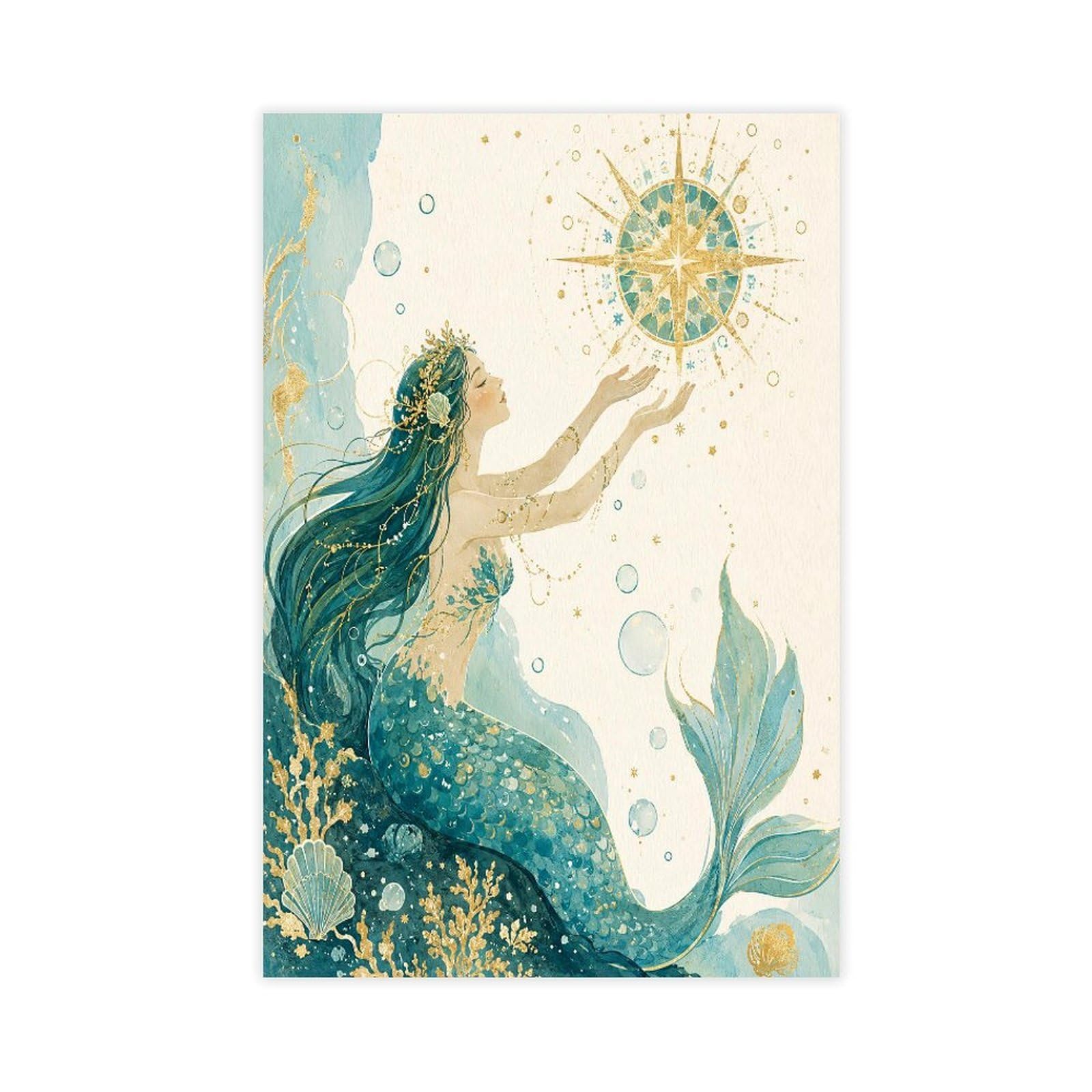 W7c8u2x3 Unframe-Style-19 Mermaid With Golden Sun Canvas Wall Art, Gallery Wall