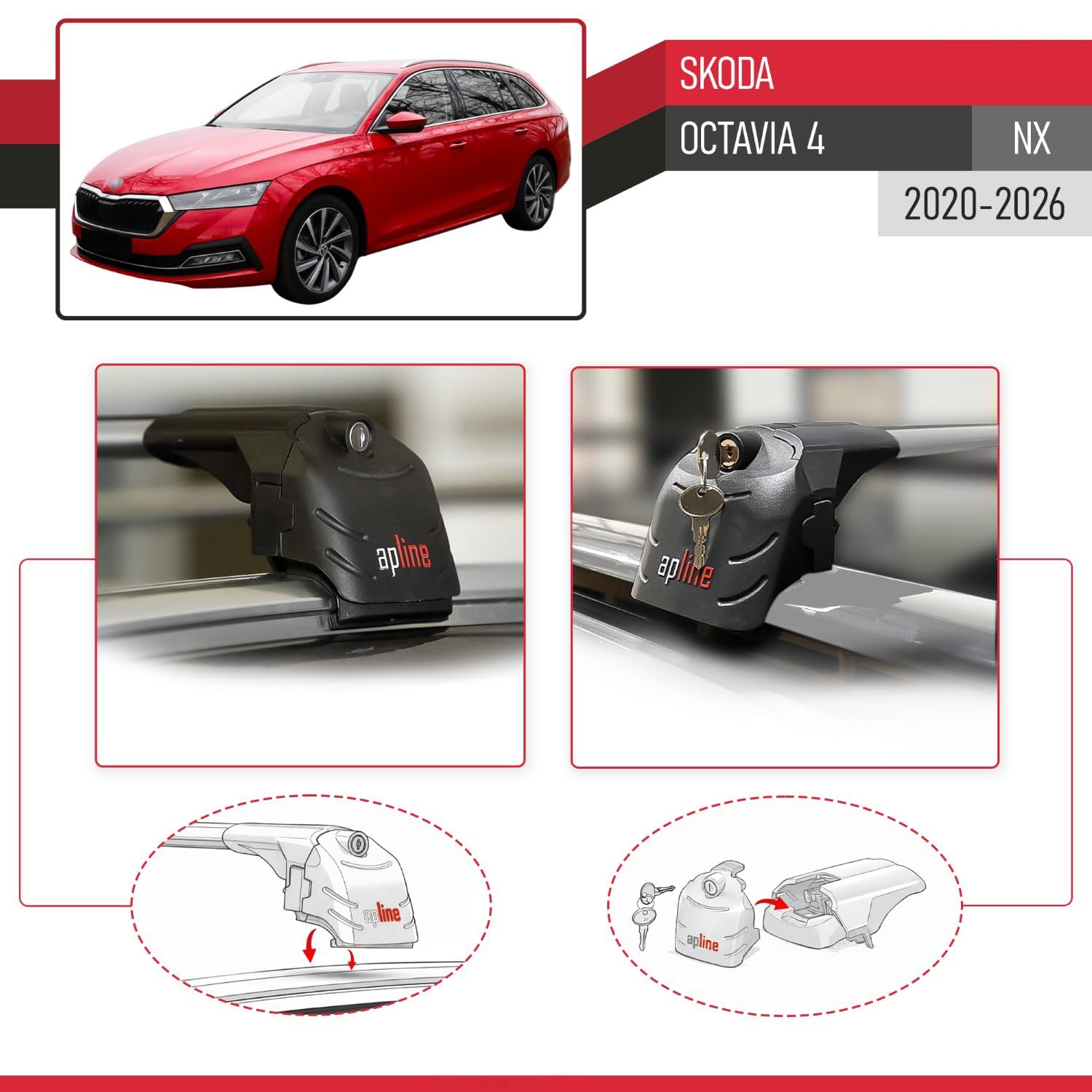 Kompatibel mit Skoda Octavia 4 (NX) 2020-2026 ACE-2 Modell Relingträger Dachträger Auto Gepäckträger Grau Aluminium 2 Stangen