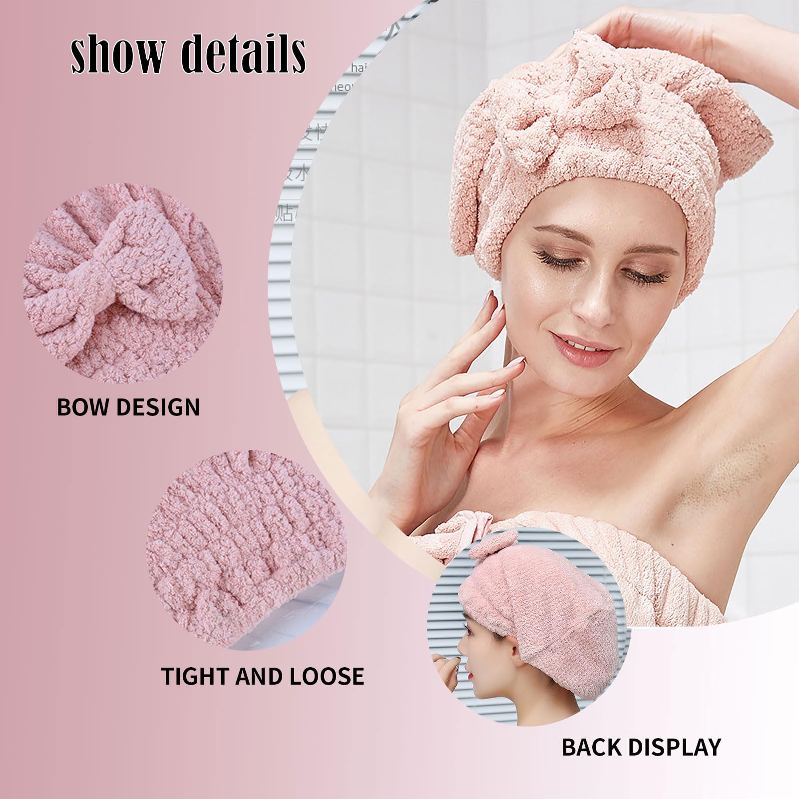 Bonnet De Serviette Microfibre - Turban De Séchage Rapide Pour Cheveux, Avec Bouton, Pour Femmes Et Filles - Très Absorbant
