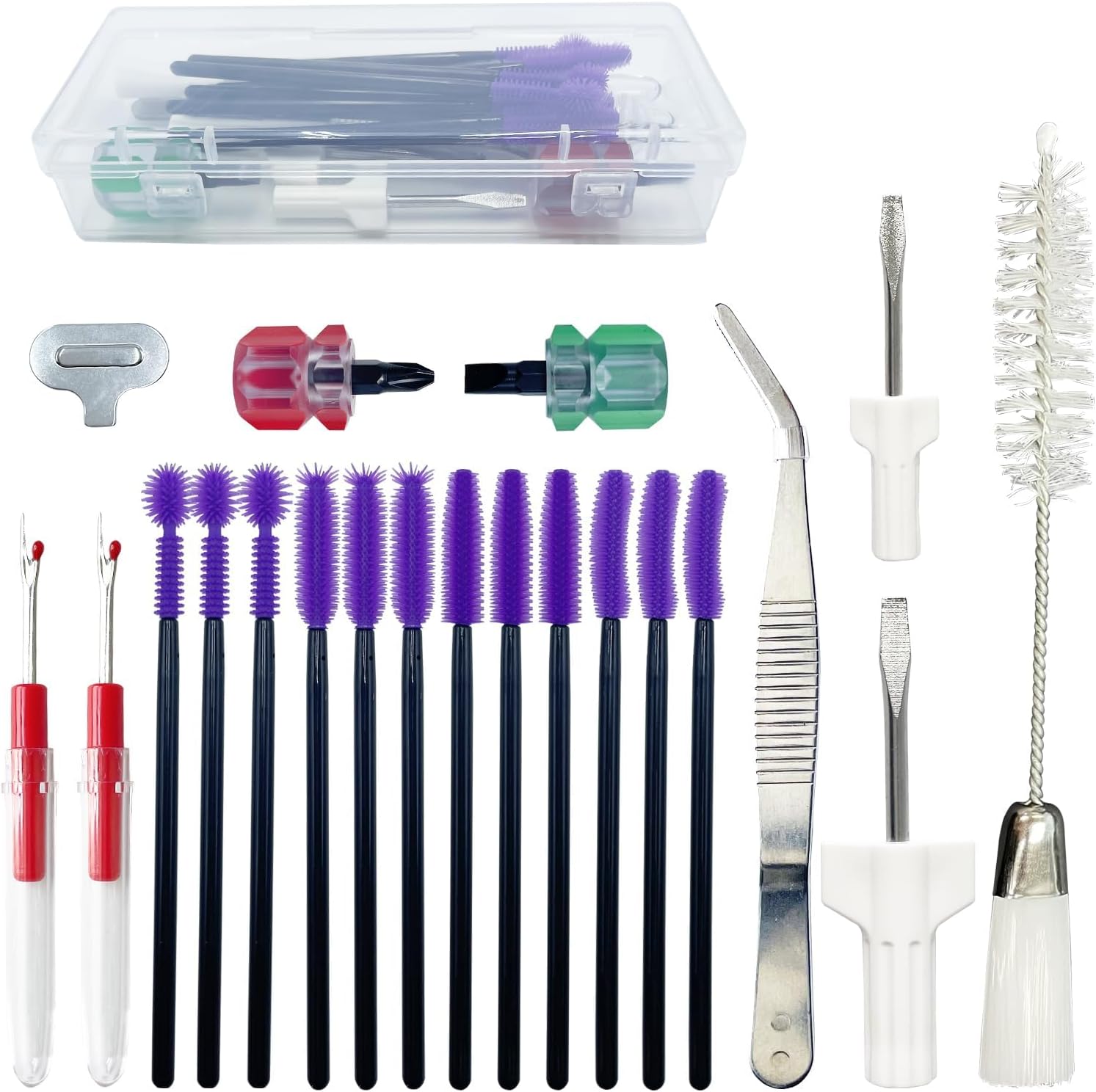 A sewing machine maintenance and cleaning kit with brushes and screwdrivers.