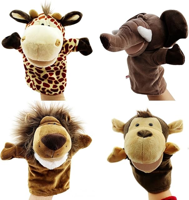 Caleson Zoo Friends Hand Puppets (Set of 4) - Elephant, Giraffe, Lion, and Monkey(Big Movable Mouths)