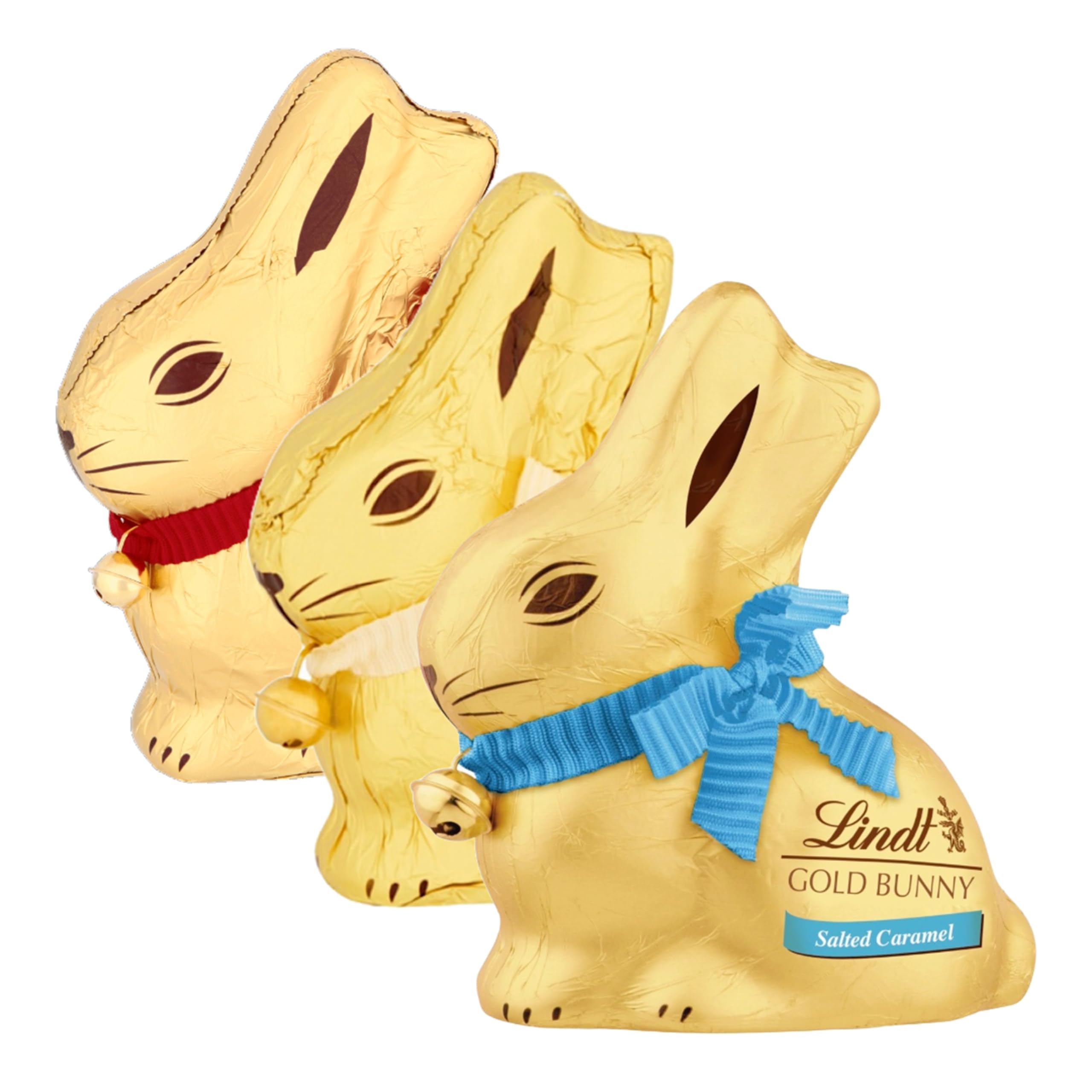Lindt Easter Chocolate Bunny Hamper – Lindt Milk, White & Salted Caramel (100g x 3) – Gold Foil Wrapped Bunnies with Wooden Topline Decoration – Easter Gift & Bulk Hamper Treat!