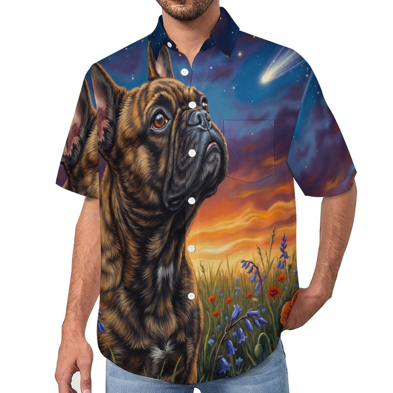 Camicie da Uomo a Maniche Corte con Stampa della Cielo Stellato Bulldog Dipinto Ad Olio Animali, Casual Leggere Bottoni Camicia con Tasca Frontale, per Vacanze Spiaggia Estate