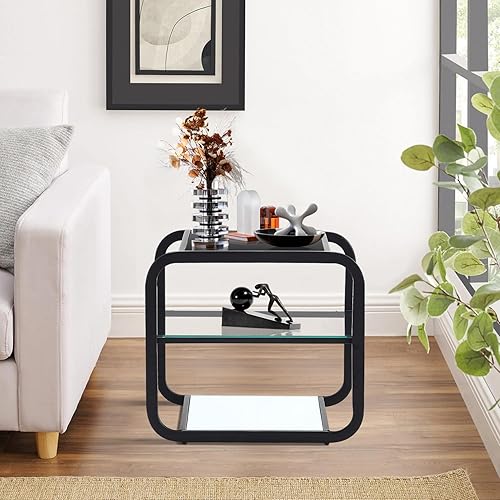 Miniatura 4 de Get Set Style Mesa auxiliar con estante de almacenamiento de 3 niveles, mesa auxiliar cuadrada moderna, mesa auxiliar pequeña con marco de metal