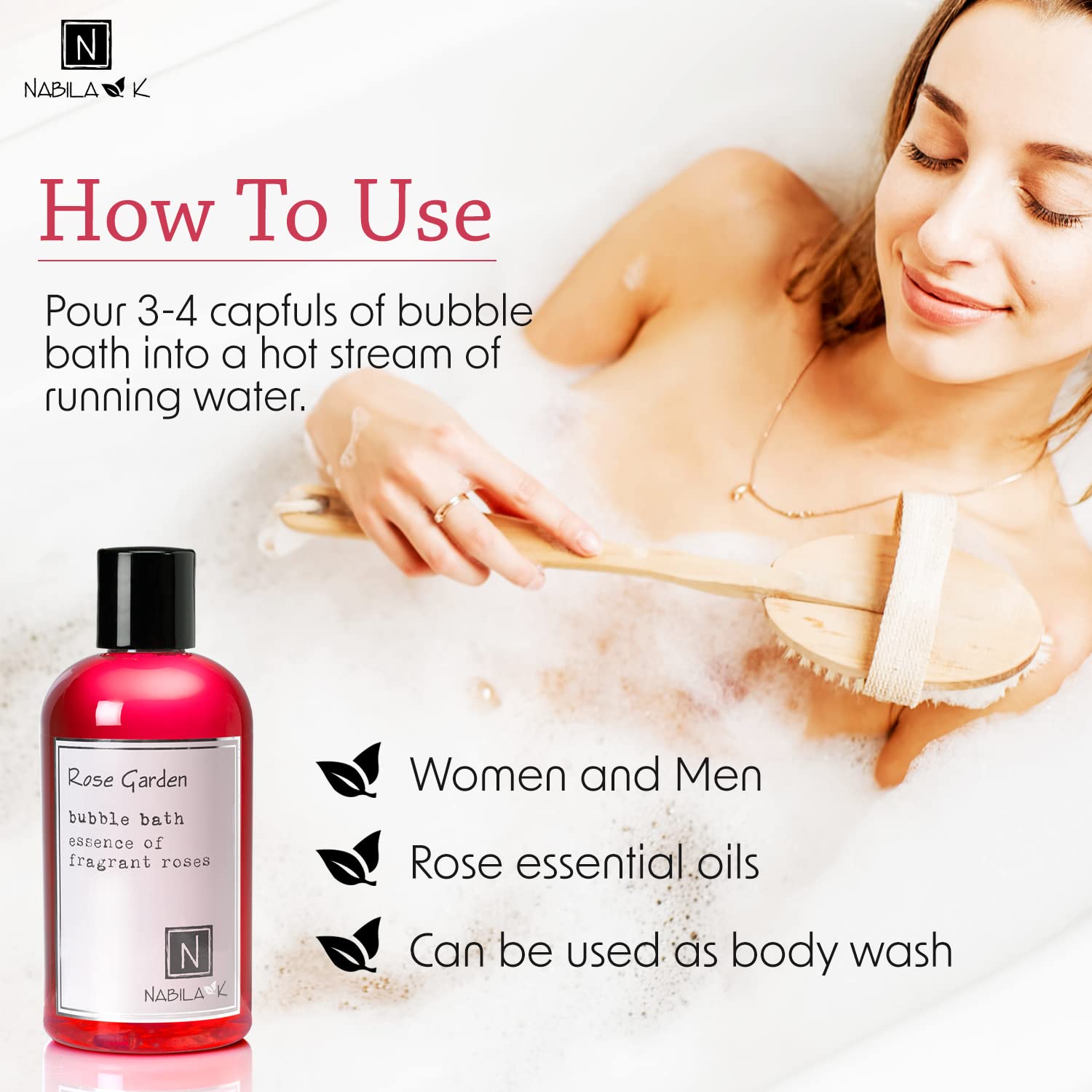 Rose Garden Bubble Bath by Nabila K - Essential Oils with Natural Ingredients for Sensitive Skin, Tear-Free, Gentle, Moisturizing - Luxury for Women & Men, 8 oz