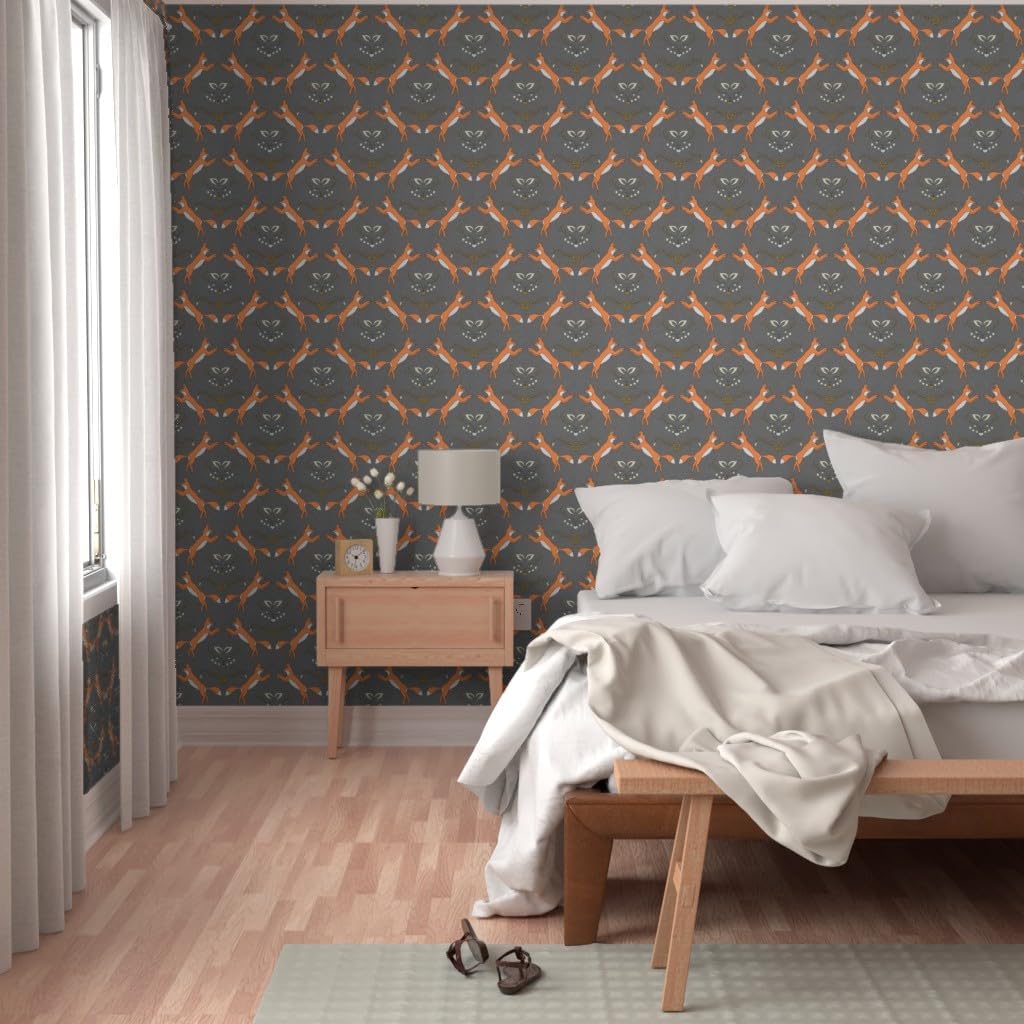 Peel & Stick Wallpaper 3ft x 2ft - Small Fox Orange Gray Floral Spring Custom Removable Wallpaper by Spoonflower