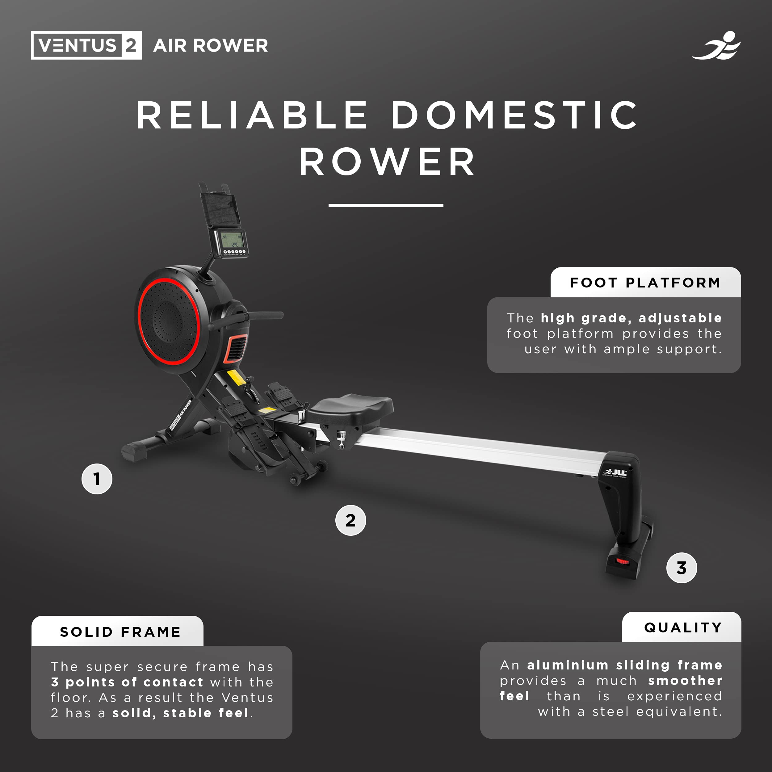 JLL® Ventus 2 Air Resistance Home Rowing Machine, 2022 Model, Fitness Cardio Workout with 8