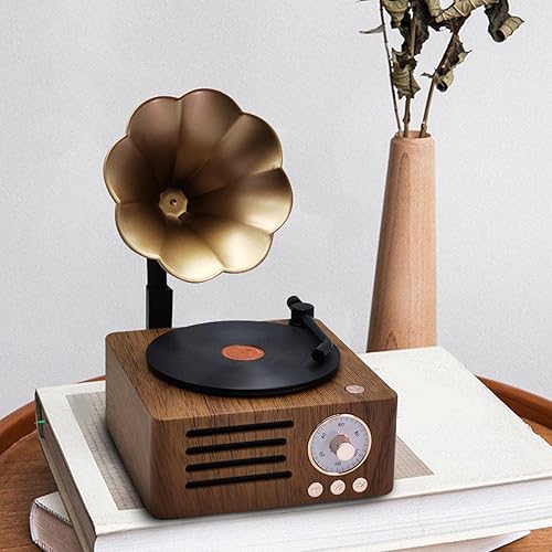 Miniatura 8 de Tocadiscos vintage, tocadiscos portátil de grano de madera con cuerno de cobre, función de radio FM, altavoz Bluetooth compacto, para