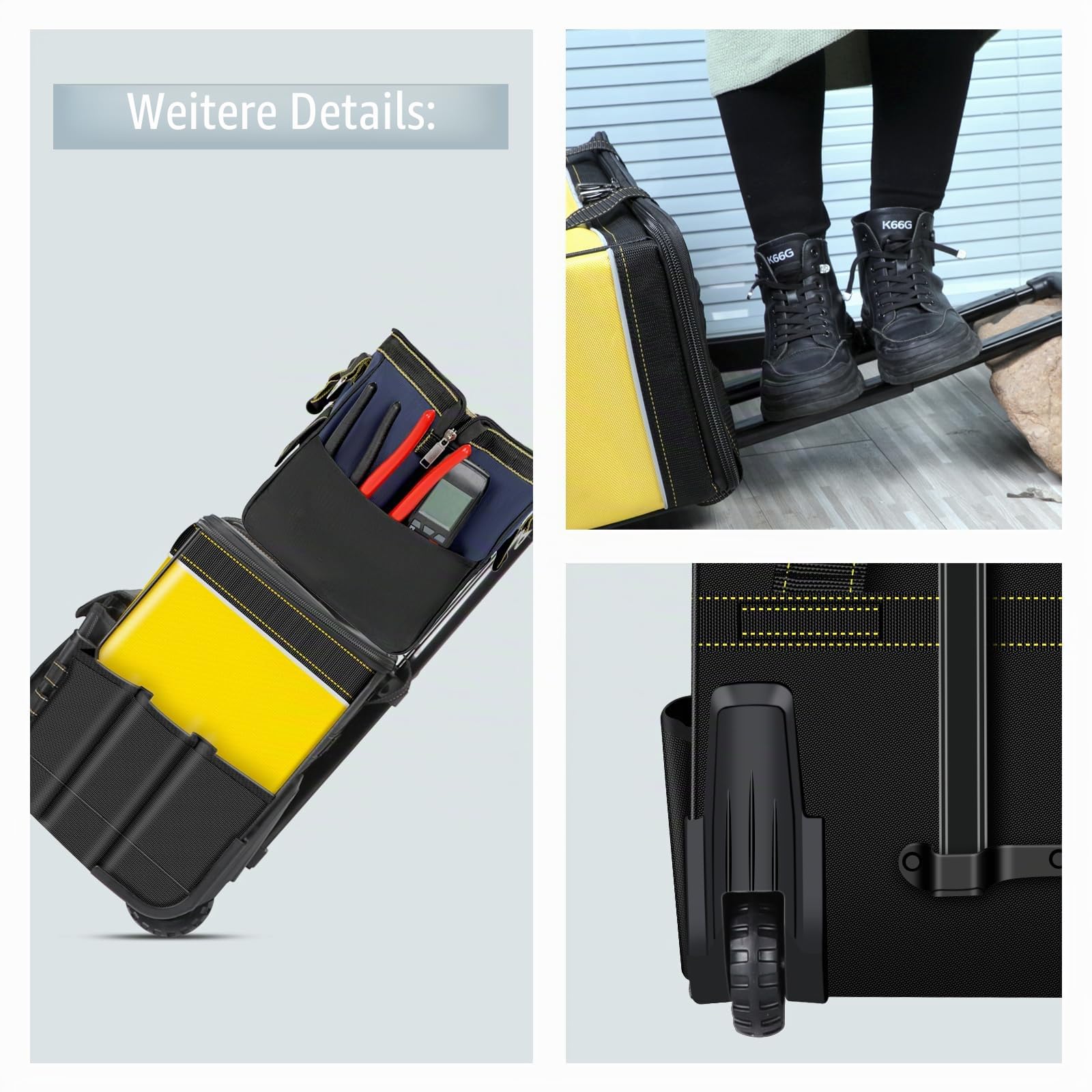 21" Groß Werkzeugtasche mit Rollen,18 Taschen, Vielseitig Einsetzbare Werkzeugtasche mit Teleskopgriff, für Bauarbeiter, Elektriker, Gelb/Schwarz | Mit Teleskopgriff und 18 Taschen, Mehrzweck-Werkzeugtaschen für Bau, Elektriker und HVAC, Gelb/Schwarz