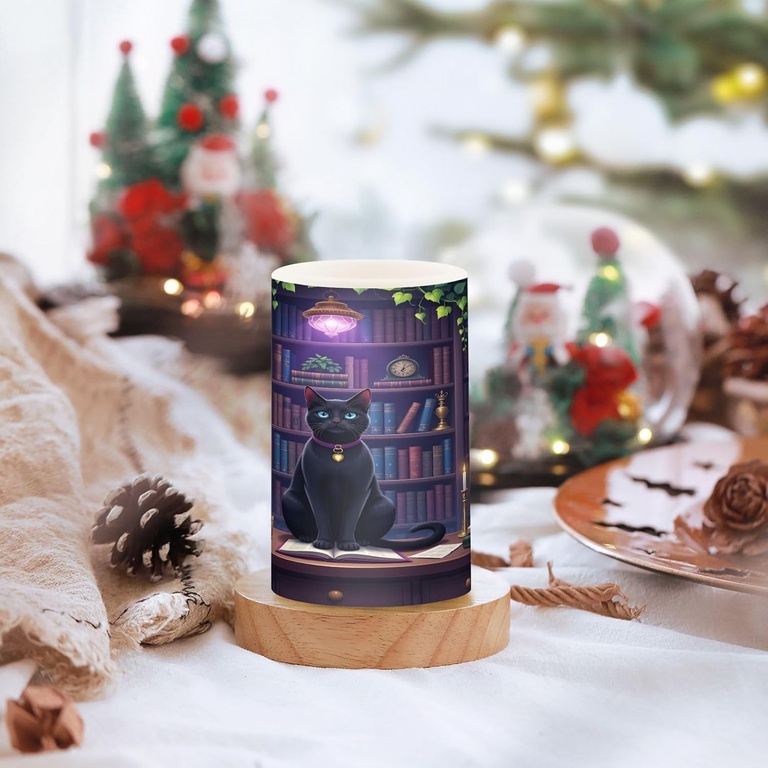 panksolu Flickering Flameless Candles, Bookshelf Black Cat LED Candles with Remote Timer, Battery Operated Candle for Wedding Halloween Christmas Decor - Set of 2