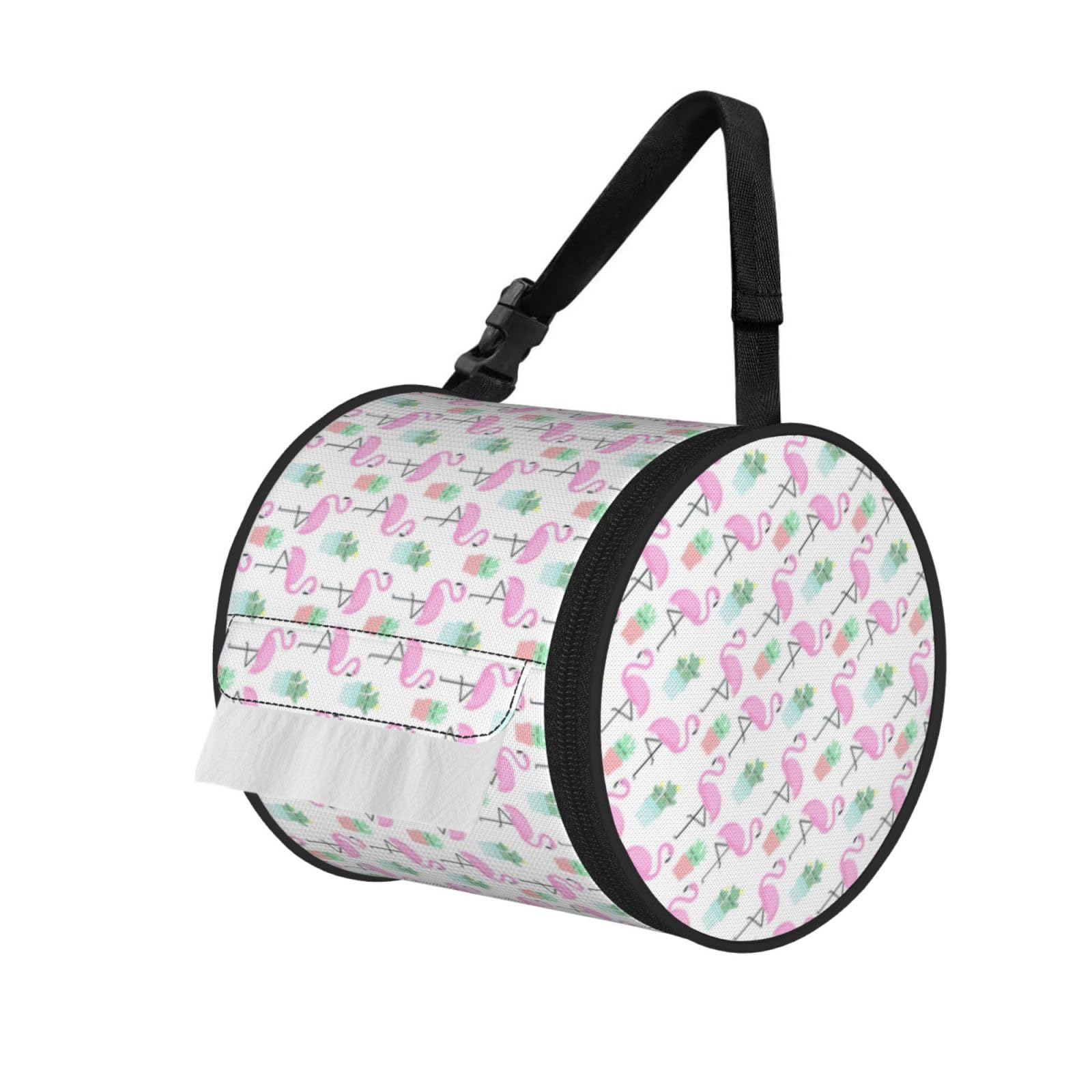 Tropical Flamingo Cute Cactus Printed Roll Paper Carrier Bag, Foldable Oxford Cloth Tissue Case for Camping Hiking Backpack