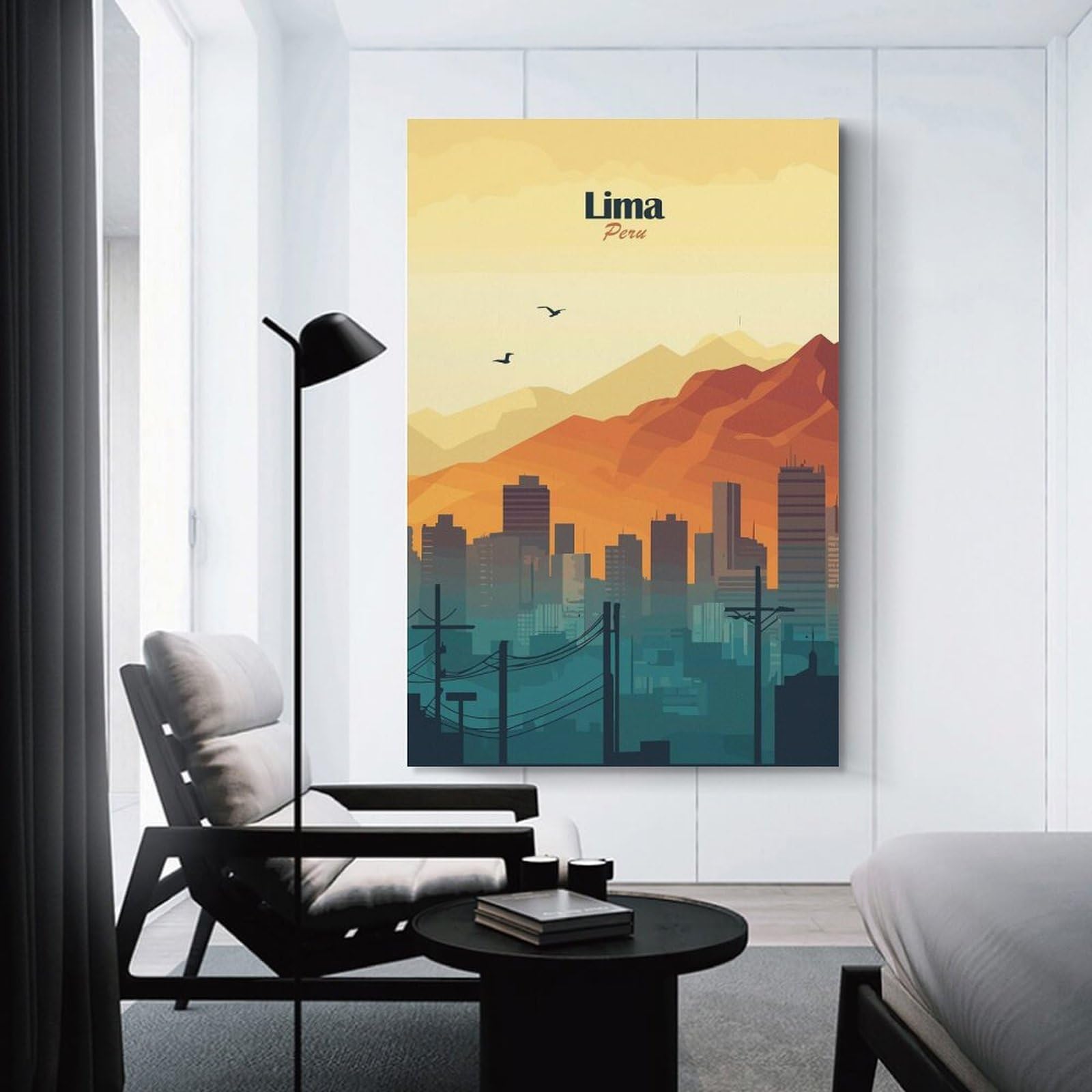 Junmoney Hanging Wall Art Lima Skyline Illustration, 20x30inch(50x75cm), for Wall Displays, Bedrooms Or Room Updates, Wall Decor Suited to Curated Displays