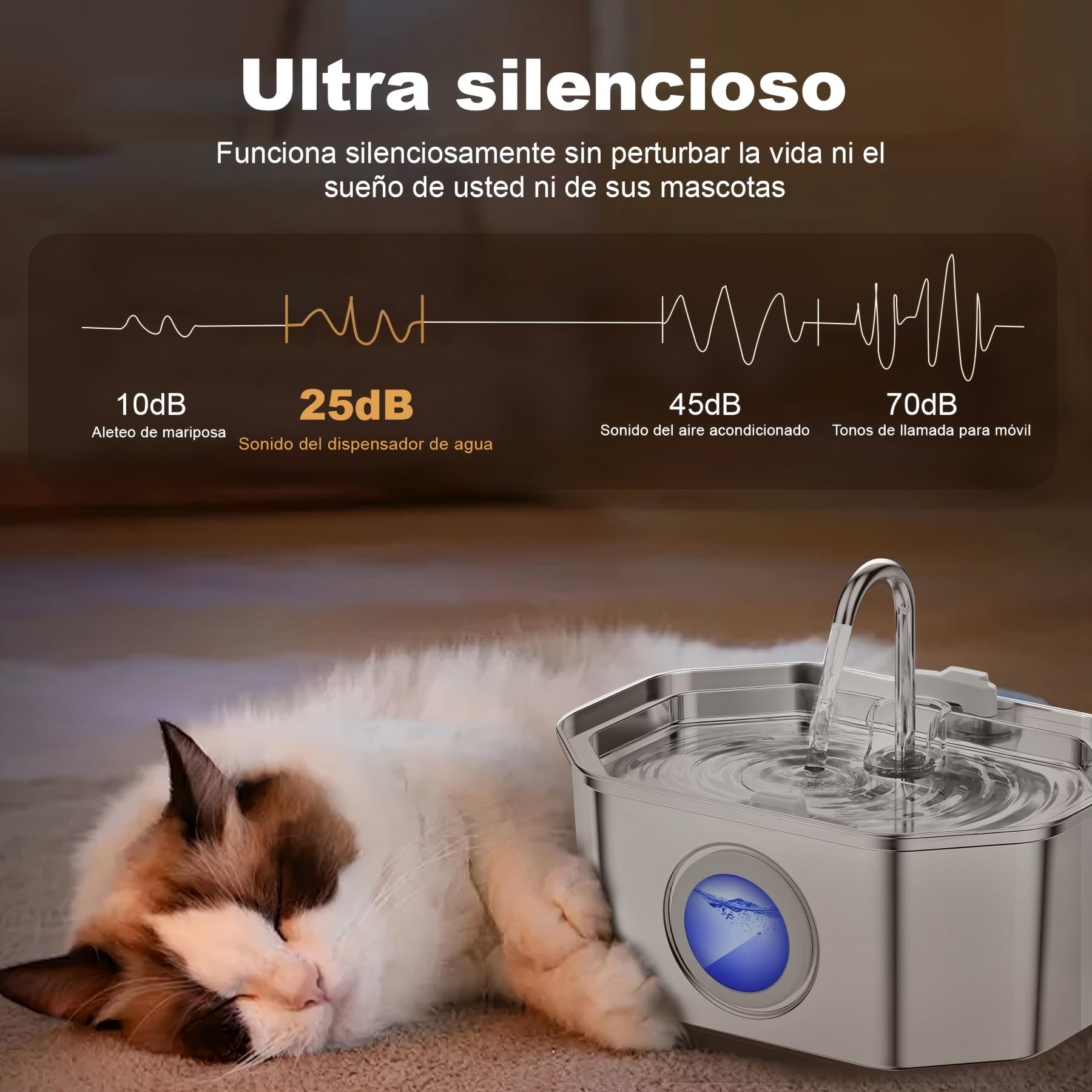 Apauk 3.2L Fuente para Gatos Acero Inoxidable, Bebedero Gatos, Silencioso Fuente de Agua para Gatos y Perros pequeños, con Ventana LED, Sistema de Filtro Multicapa(2 Filtros & 2 Esponjas)
