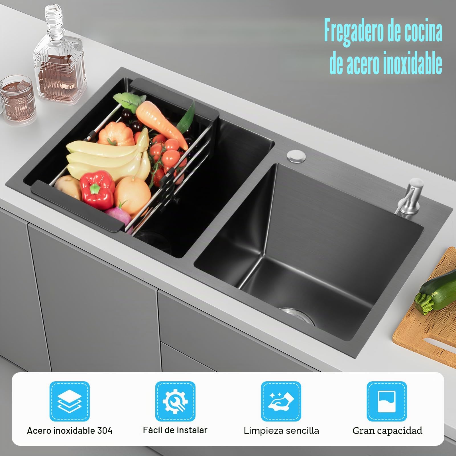 Fregadero doble de acero inoxidable de 78 x 43 cm, de acero inoxidable, doble, empotrable, rectangular, con escurridor y dispensador de jabón, adecuado para cocinas (negro)