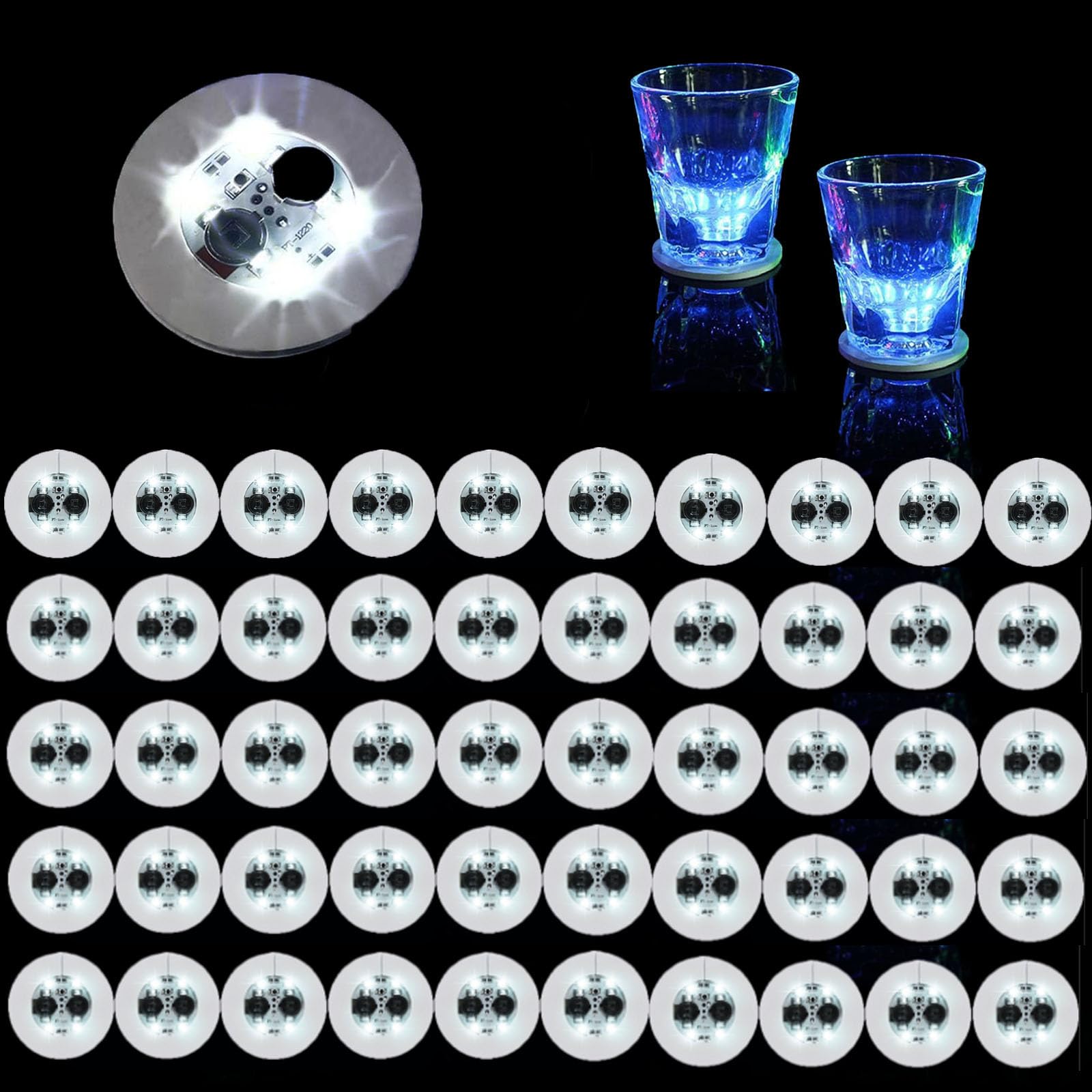 Dessous de verre ronds à LED pour bouteilles et verres - Lot de 50 pièces blanches de fête