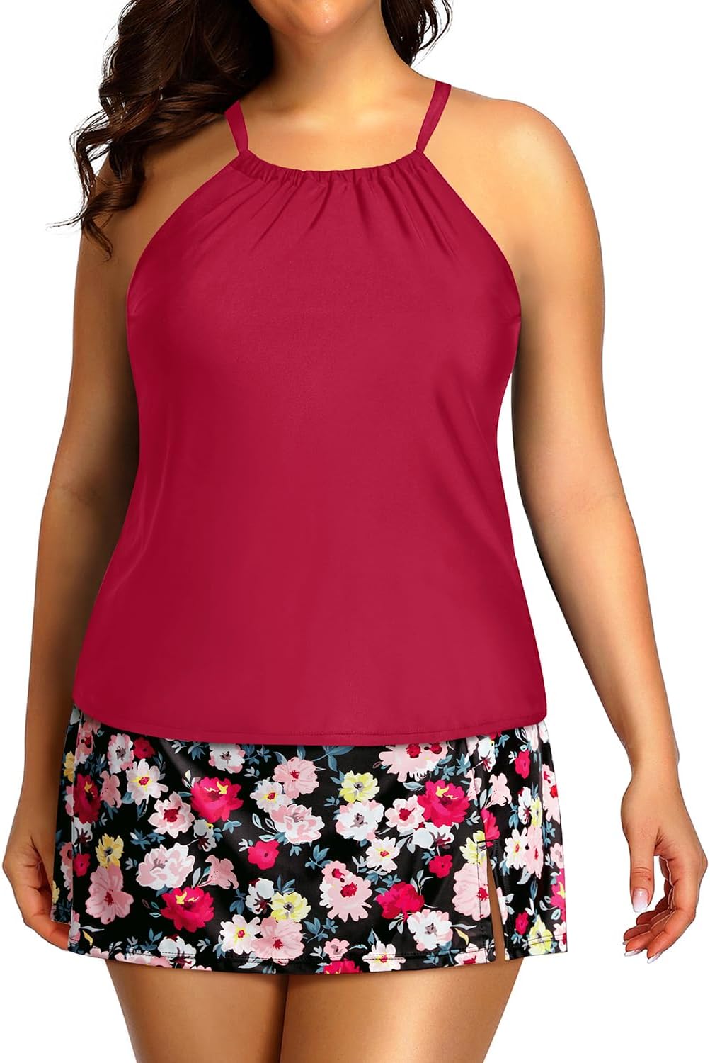 Yonique Women Two Piece Plus Size Tankini with Skirt Tummy Control Bathing Suits High Neck Swimsuits