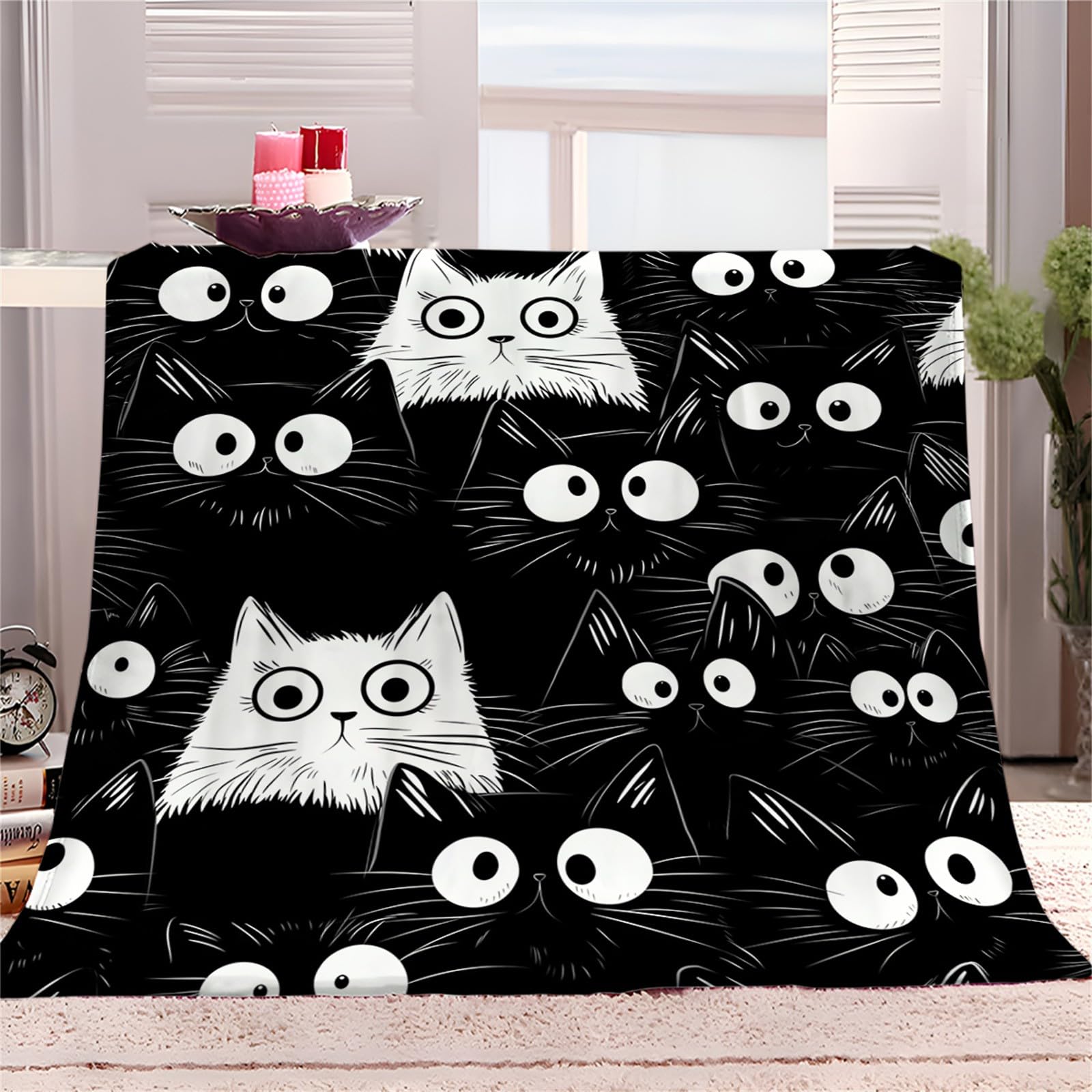Black Flannel Blanket Cat Abstract Cartoon Extra Soft Cozy and Warm Blanket 100x150cm Bed Cover Blankets Sofa Bed for Adults and Children Traveling Camping