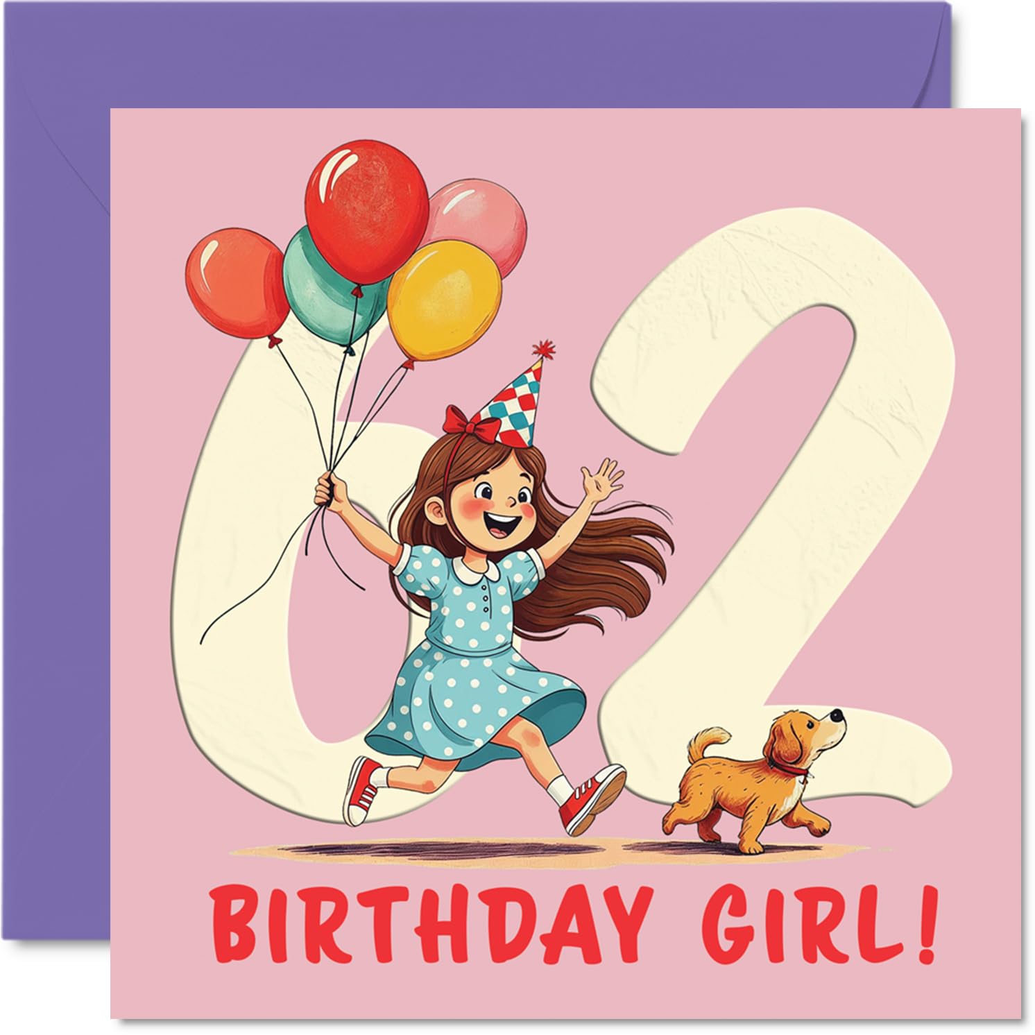62nd Birthday Cards for Women - Balloon Girl - Happy Birthday Card for 62 Year Old Woman Nan Cousin Grandma Neighbour, 145mm Bday Greeting Cards